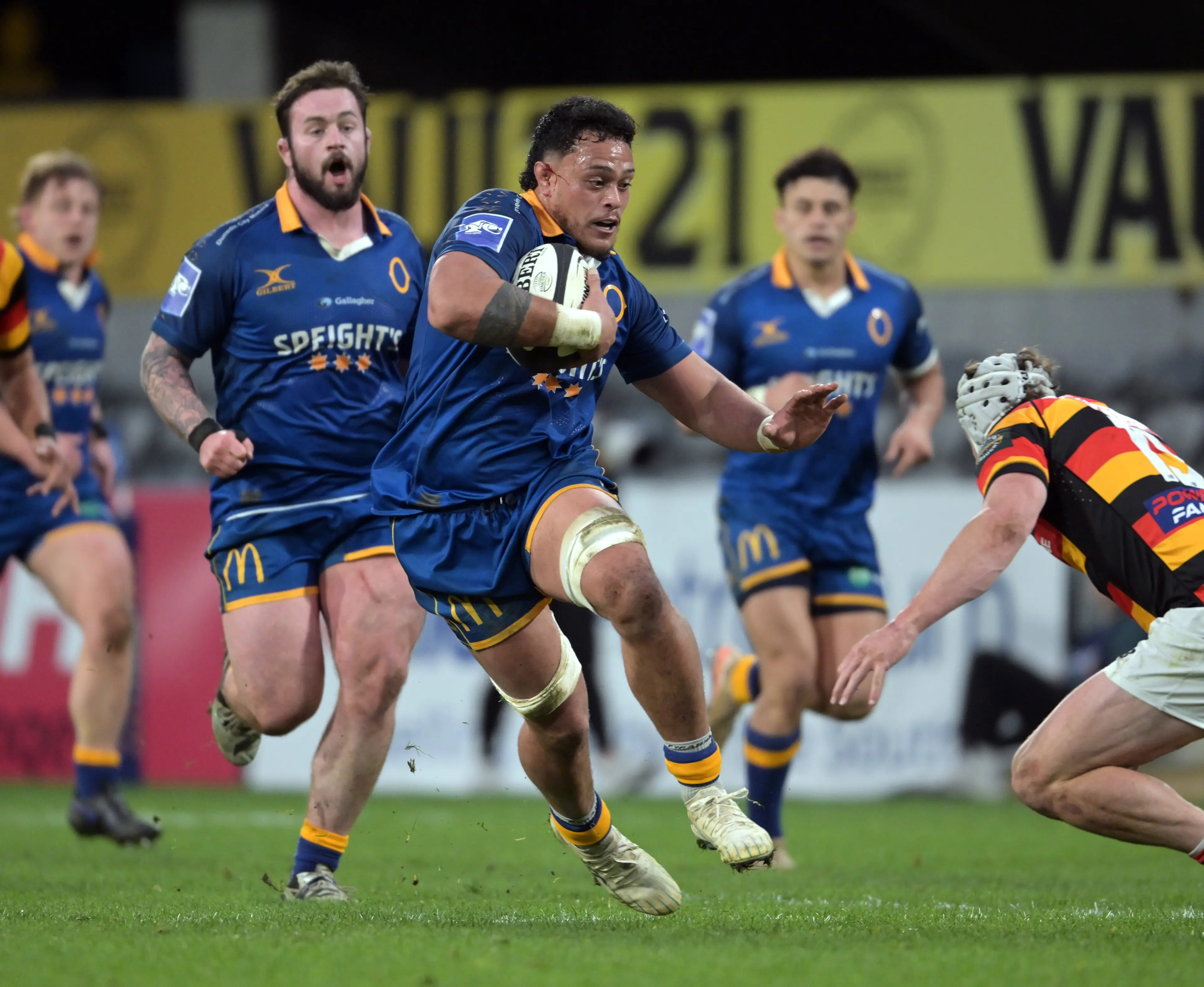 Otago captain Christian Lio-Willie storms upfield during the NPC game against Waikato at Forsyth Barr Stadium on Saturday. Photo: Gerard O\\'Brien