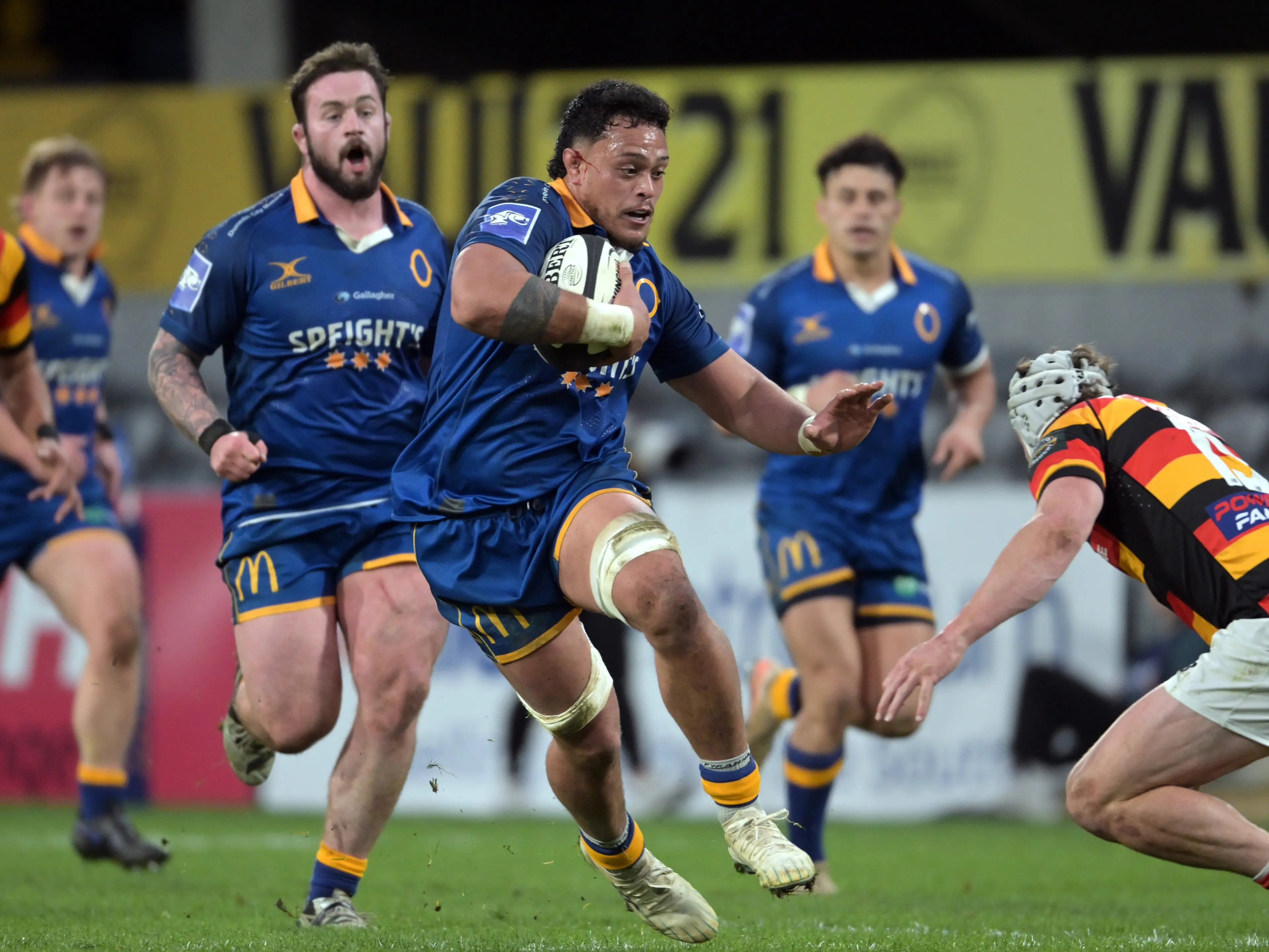 Otago captain Christian Lio-Willie storms upfield during the NPC game against Waikato at Forsyth Barr Stadium on Saturday. Photo: Gerard O\\'Brien