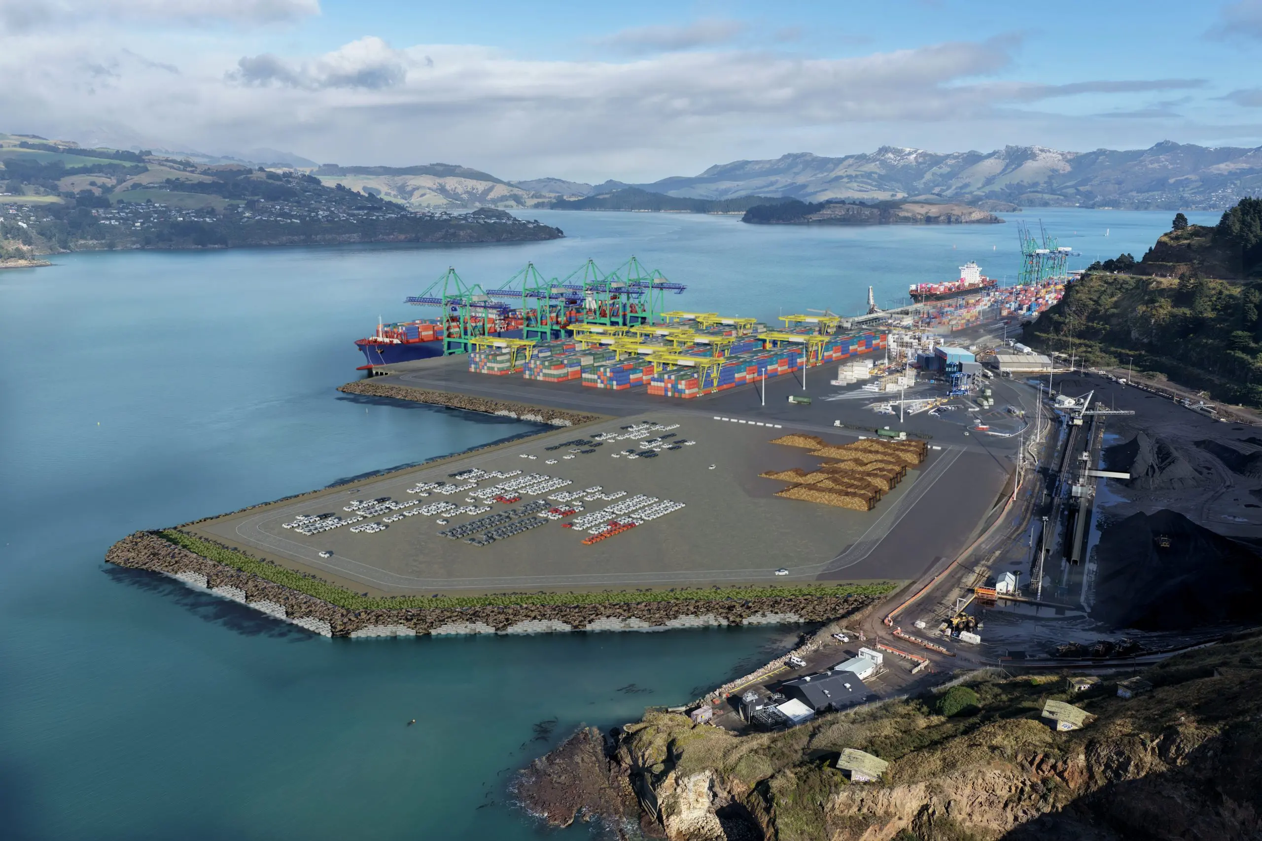 An artist\\'s impression of Lyttelton Port Company\\'s Te Awaparahi Bay expansion. Image: Supplied