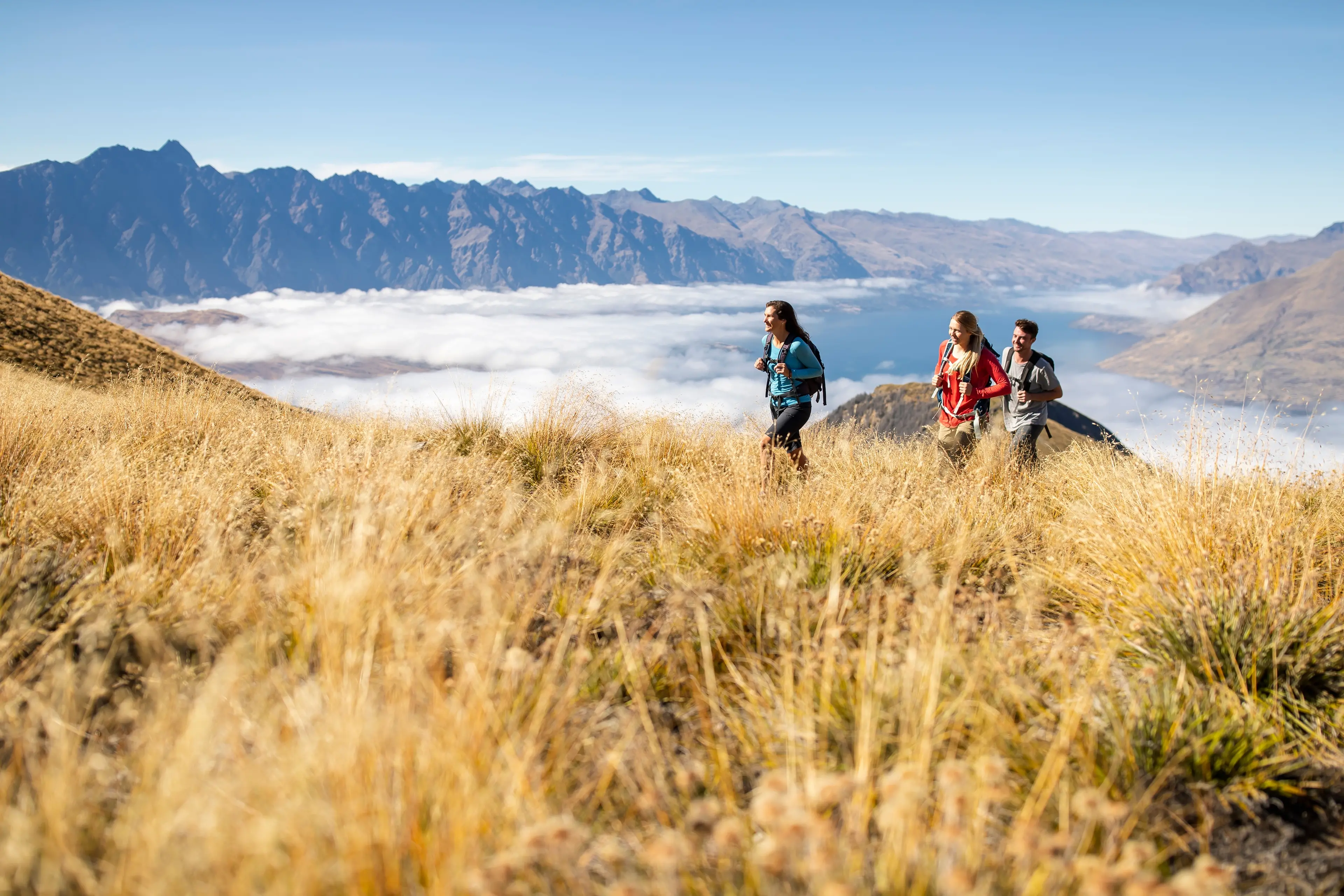 The South Island\\u2019s natural attractions are pulling in tourists, such as these visitors enjoying the heights of hiking Ben Lomond track near Queenstown, and \\u2014 combined with agriculture earnings \\u2014 strengthening regional economies. Photo: Destination Queenstown
