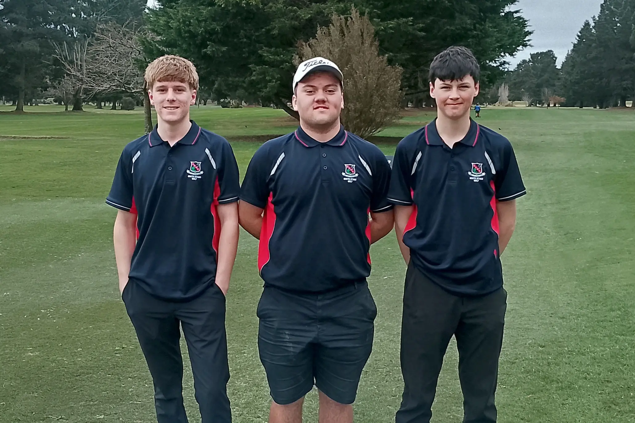 South Otago High School Golfers (from left) Toby Allan, 17, Rashaun Melvin, 17 and Ryan Hurring, 15, at the Secondary Schools Golf Championship in Christchurch. Photo: Supplied