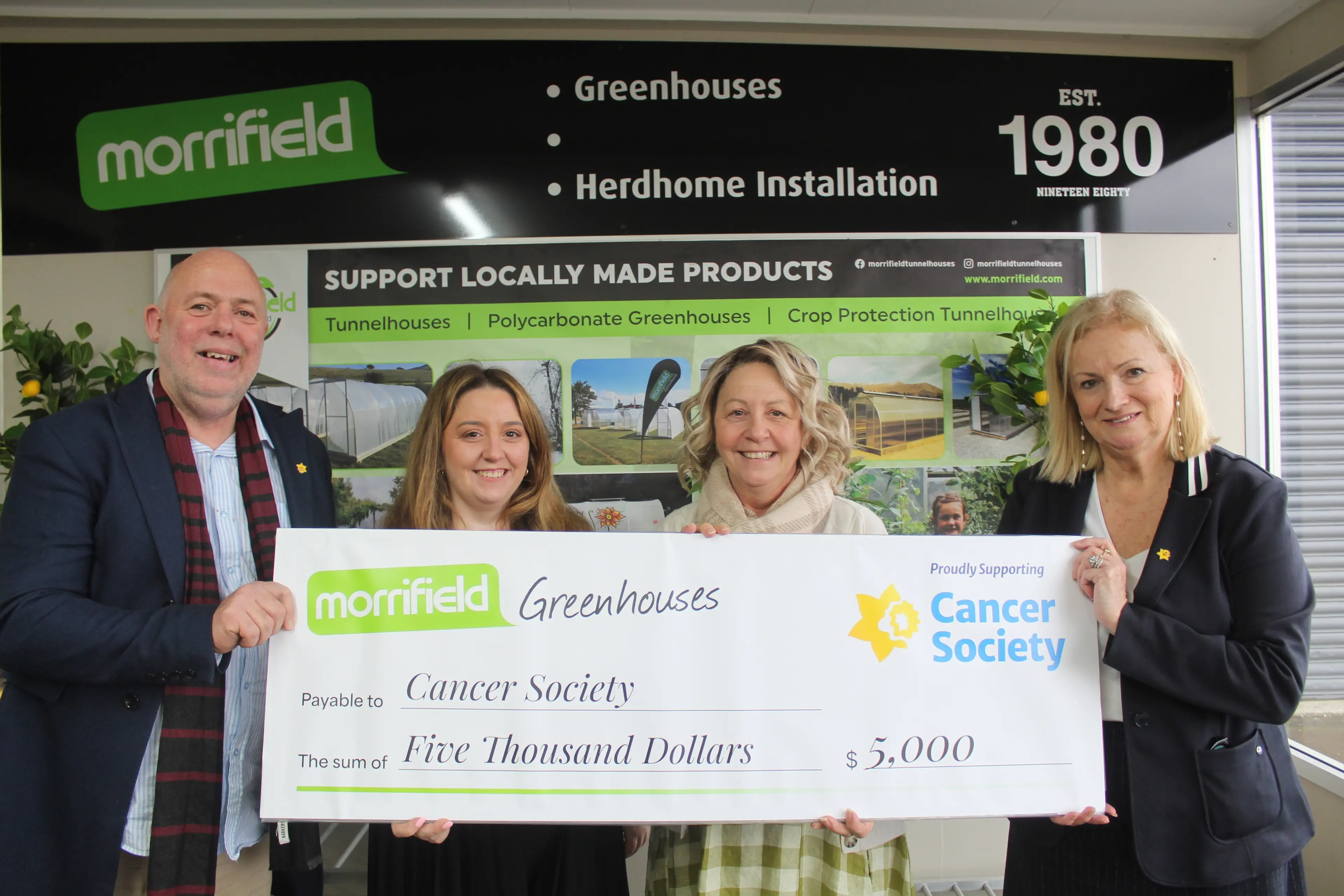 Morrifield Greenhouses has donated $5000 to Cancer Society, with (from left) Gavin Booth, Olivia Pickett, Leanne Morris, and Christine Prince. Photo: Tayler Mutton