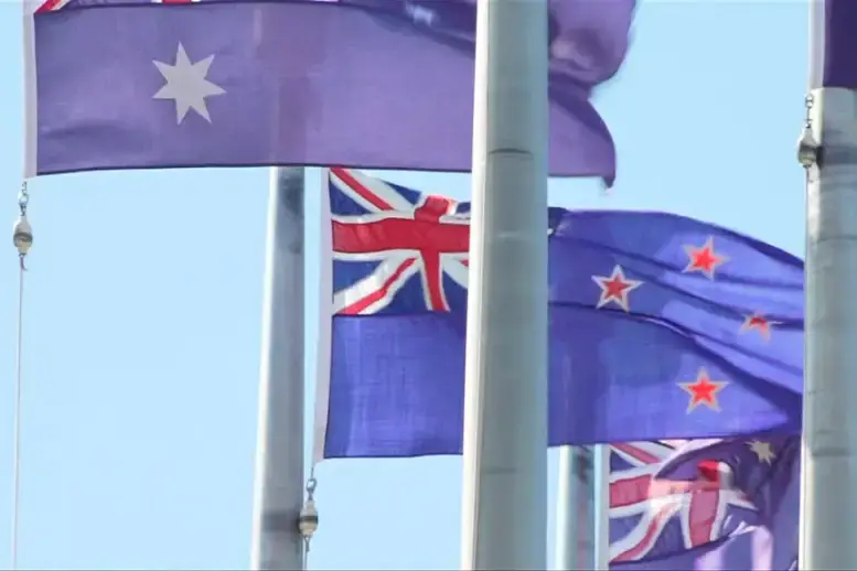 Two New Zealand flags were mistakenly flown during a display celebrating 125 years of the Australian ensign. Photo credit: 7 News / screenshot