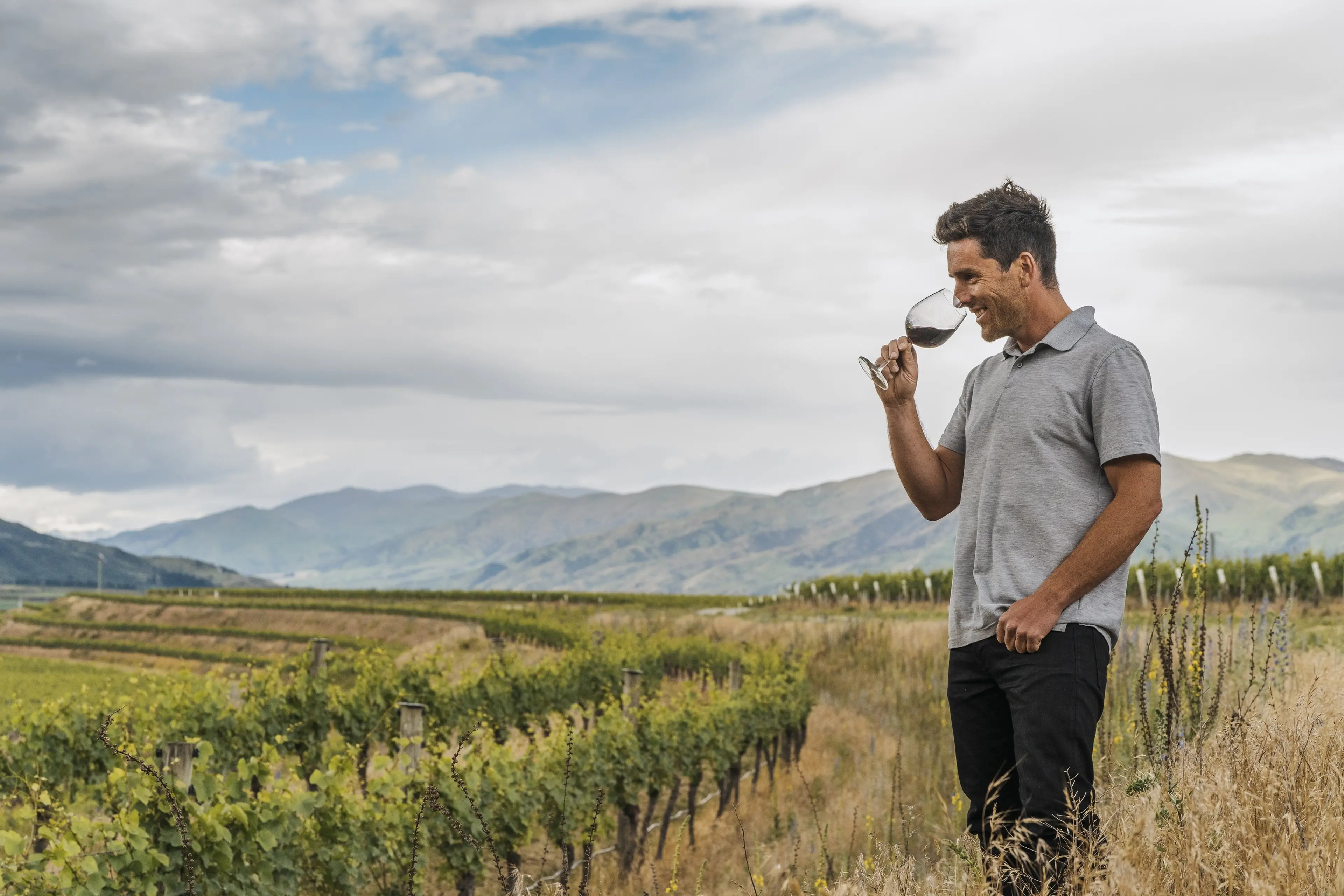 Vineyard manager Tom Bullen at Claim 431, Central Otago, in 2023. Photo: supplied