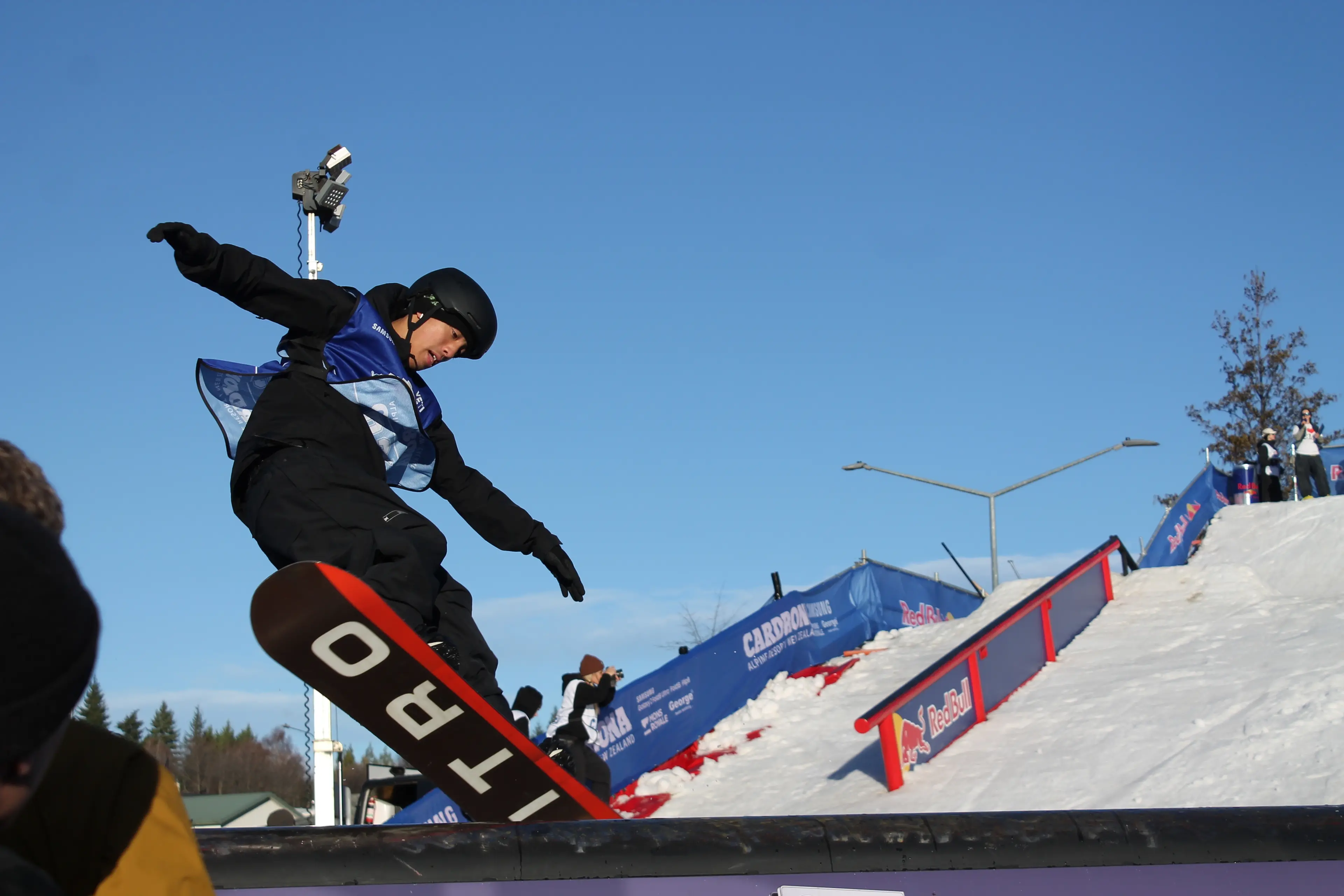Snowboarder Oto Higuchi competing in New Zealand\\'s first Red Bull Rail Riot on Saturday. Photo: Evie Sinclair