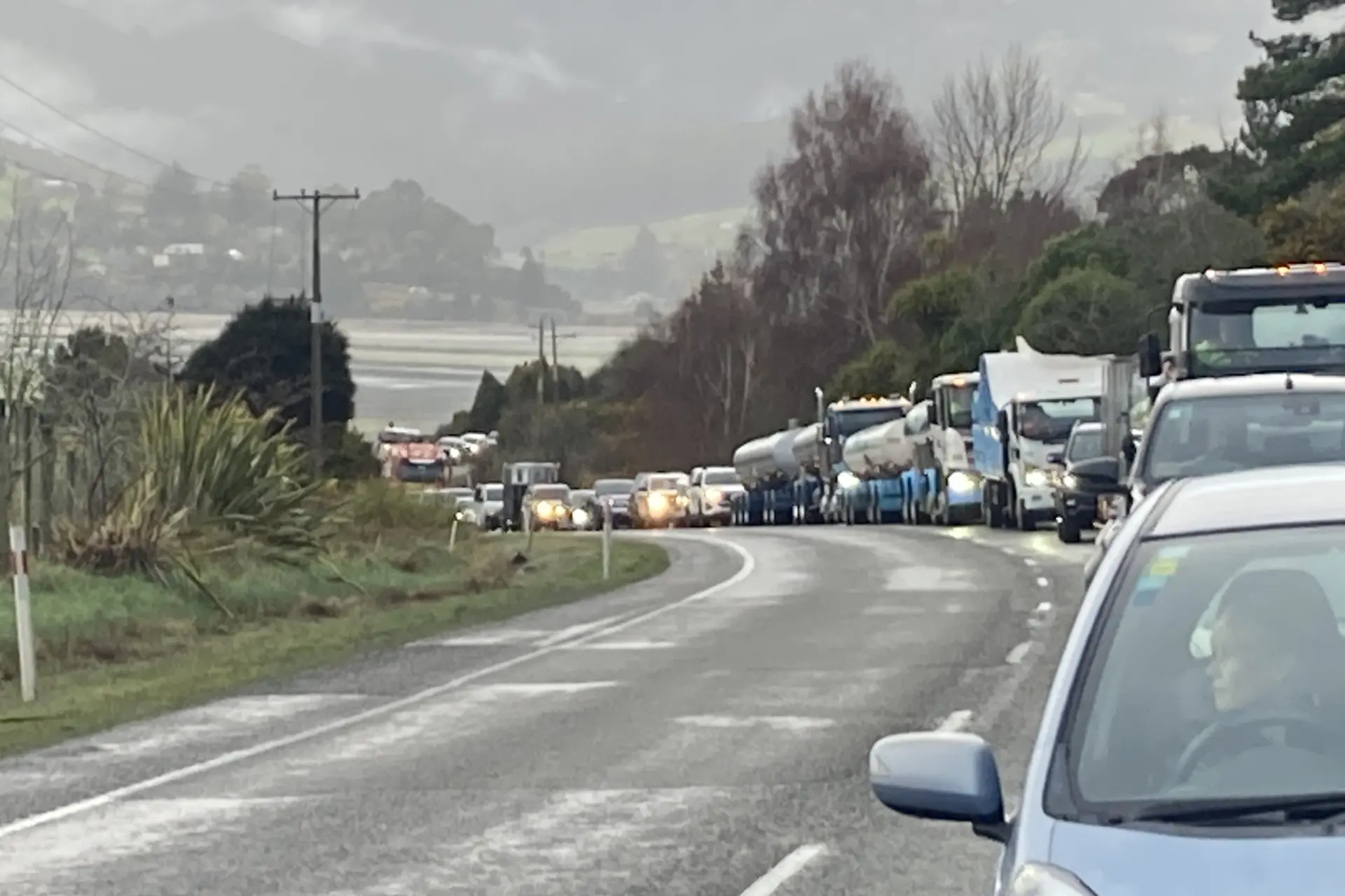 The diesel spill near Evansdale is causing a big delay on State Highway 1. Photo: Stephen Jaquiery