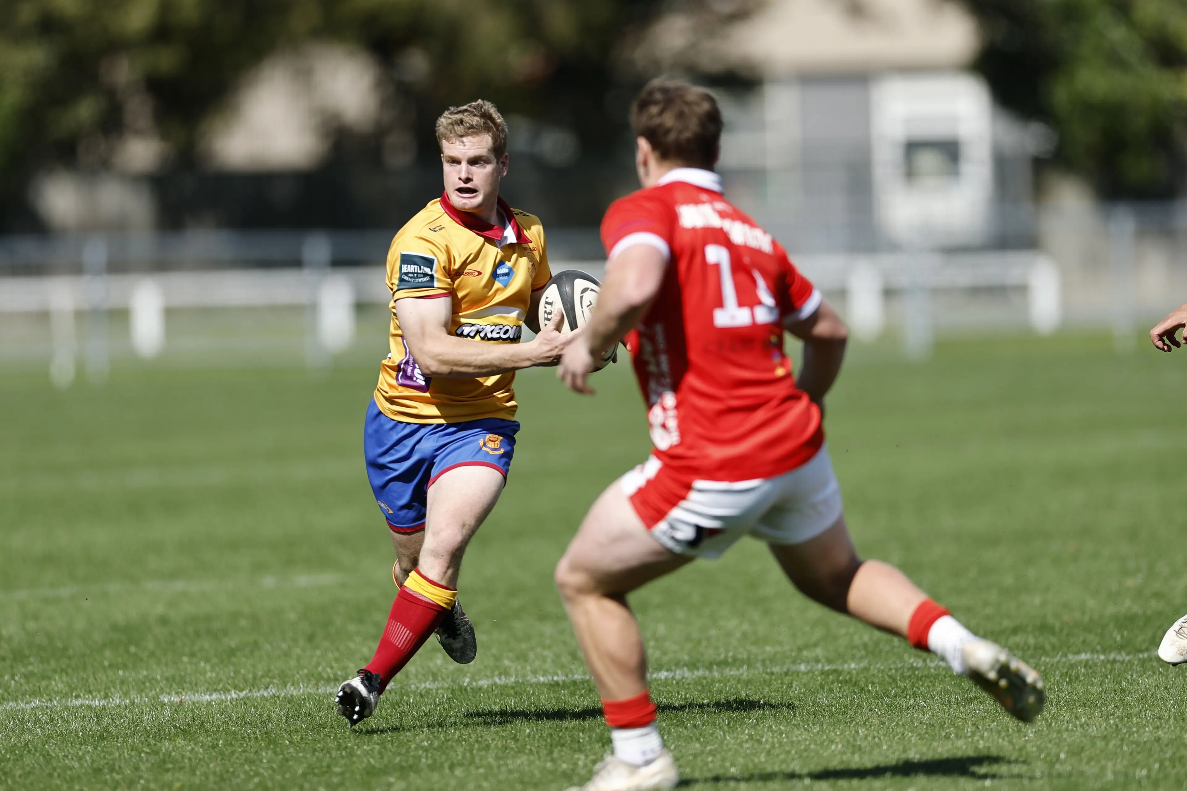 North Otago winger Ben McCarthy tries to beat Poverty Bay defender Angus Chapman during the Heartland Championship game in Gisborne on Saturday. Photo: NZ Rugby/Smartframe