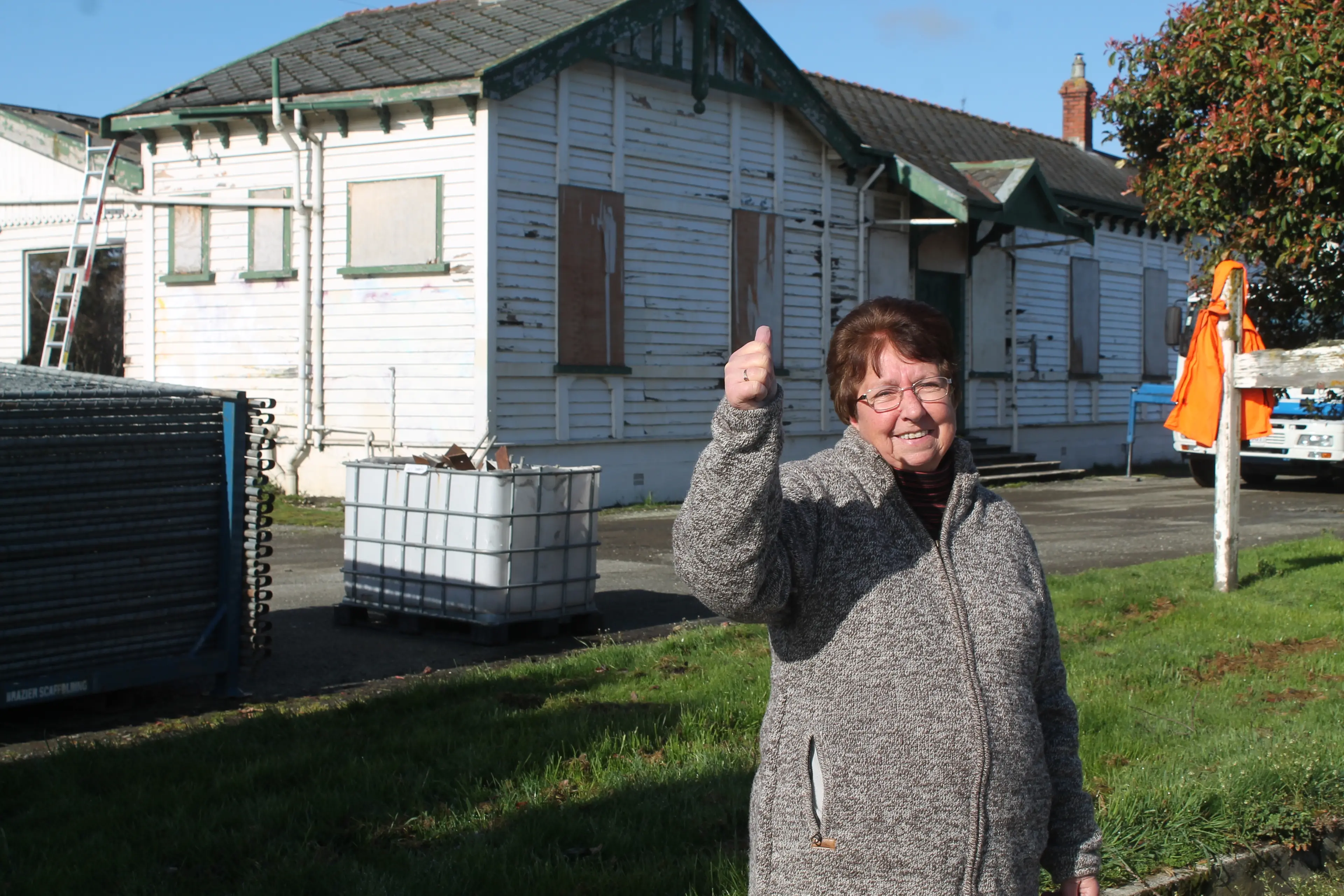 Mataura Community Board member Laurel Turnbull was very happy as she turned up on Monday to see work had begun on the Train Station to return it to former glory, after years of neglect. Photo: Gerrit Doppenberg