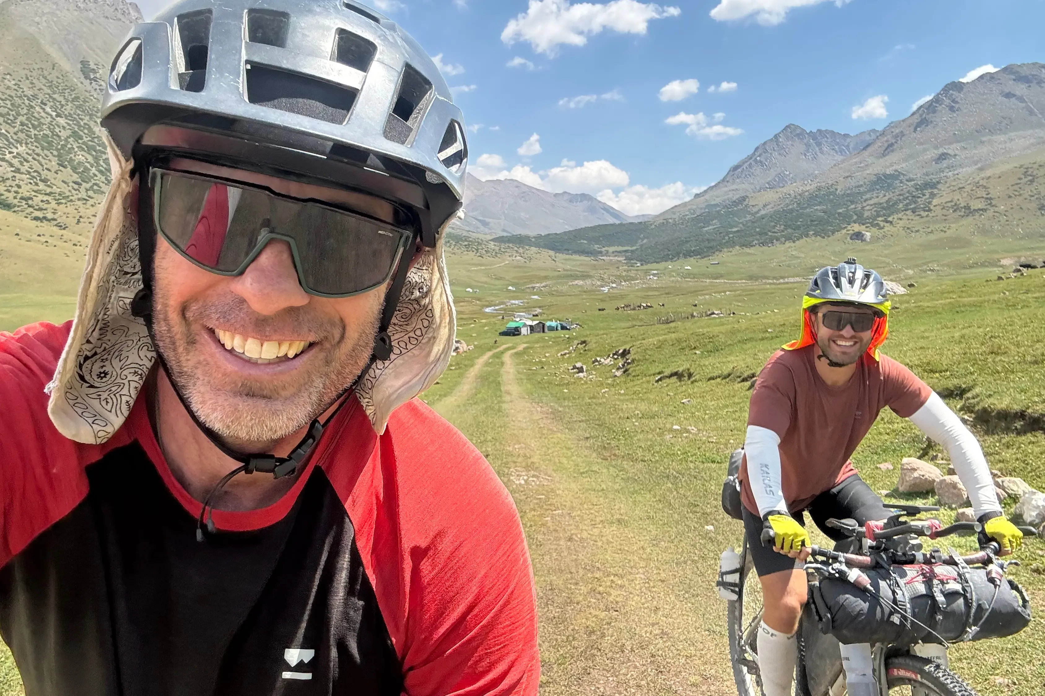 Adam Carlson (left) and Tom Baker taking on an extreme mountainbiking race in remote Kyrgyzstan. Photo: Supplied