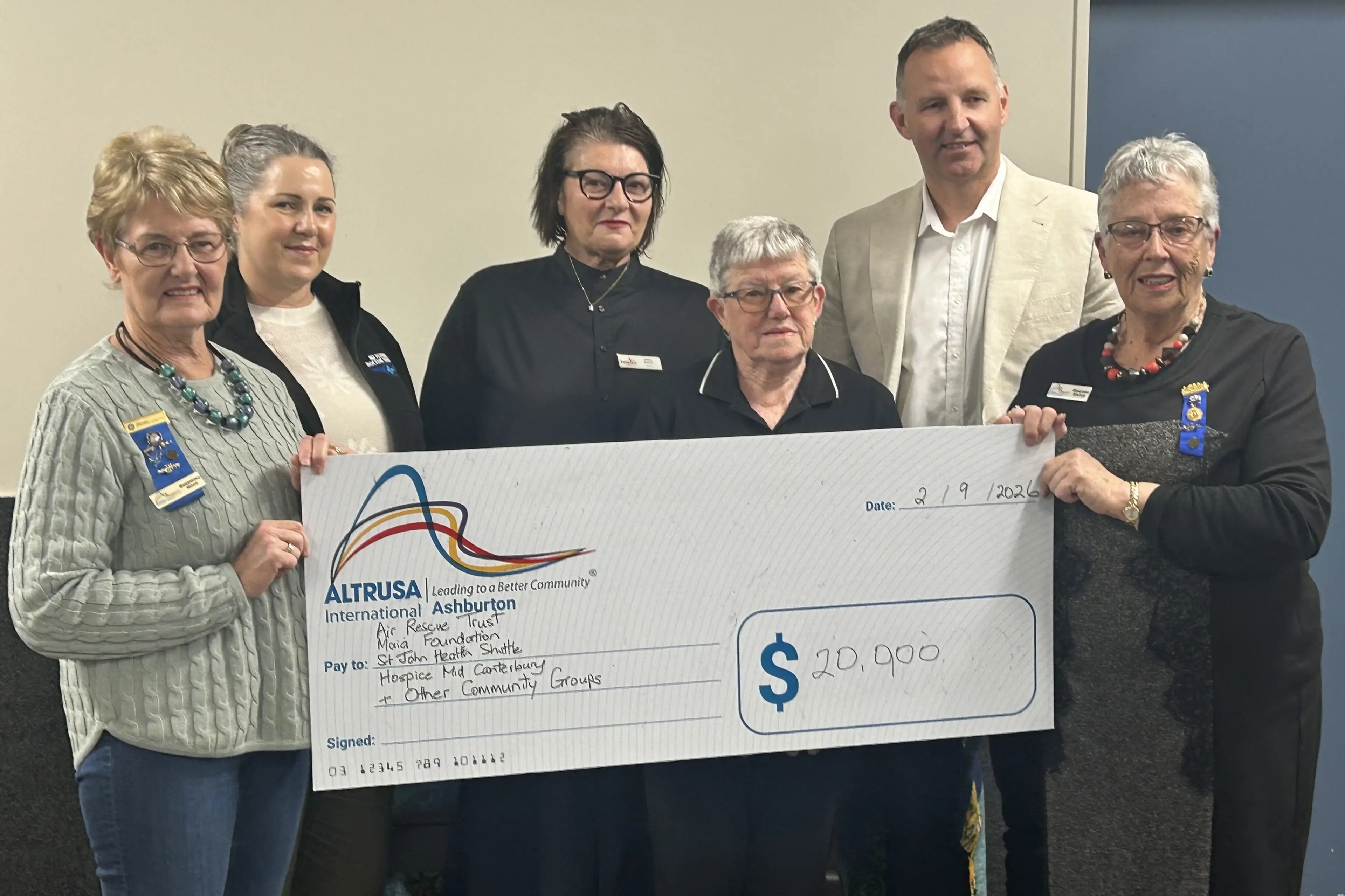Convener of the Altrusa bazaar Rosemary Moore, left, and club president Maureen Bishop, right, with some of the recipients of donations, Rachael McNutt (Air Rescue Trust), Hilary Boyce (Hospice Mid Canterbury), Irene Beach (Ashburton Health Shuttle), and Michael Flatman (Maia Health). Photo: Supplied