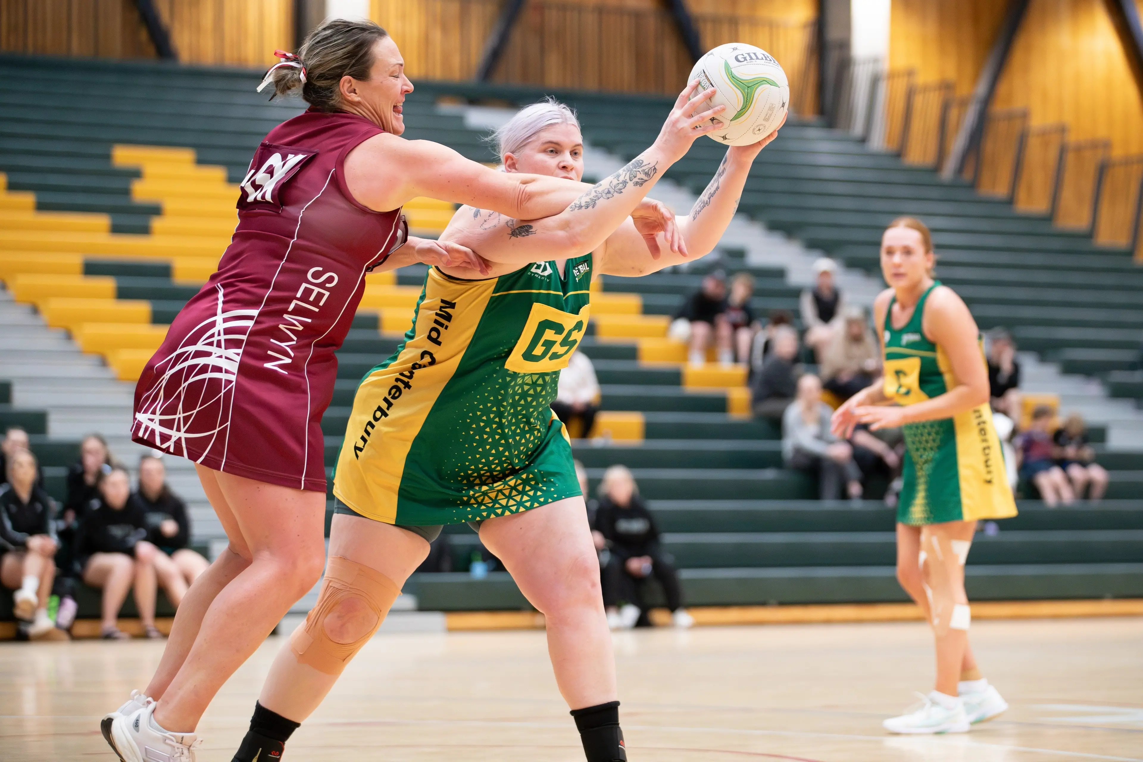 Mid Canterbury in play against Selwyn in the Senior Whakataetae netball tournament at Ashburton on Sunday. Photos: Heather Mackenzie