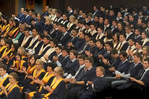 Otago Polytechnic graduands take part in a graduation ceremony in Dunedin yesterday. Photo by Peter McIntosh.