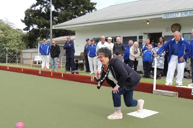 Showing how its done . . . Huruni Mayor Marie Black tries out the new Amberley Bowling Club\\'s all-weather sythetic green. Photo: Supplied