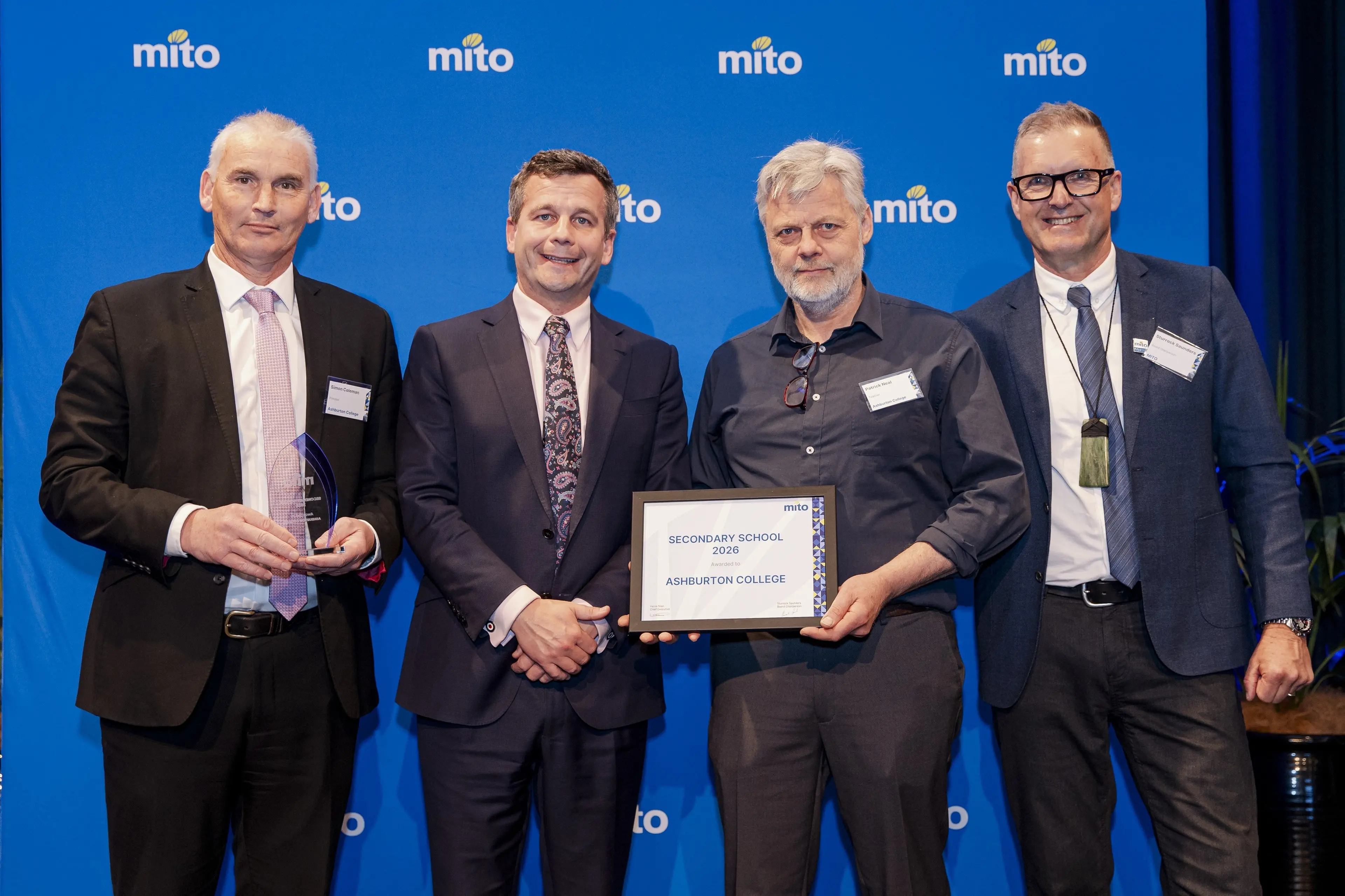 Ashburton College Principal Simon Coleman left, Deputy Prime Minister David Seymour, Automotive teacher Patrick Neal and MITO Board Chair Sturrock Saunders at the awards ceremony. Photo Supplied