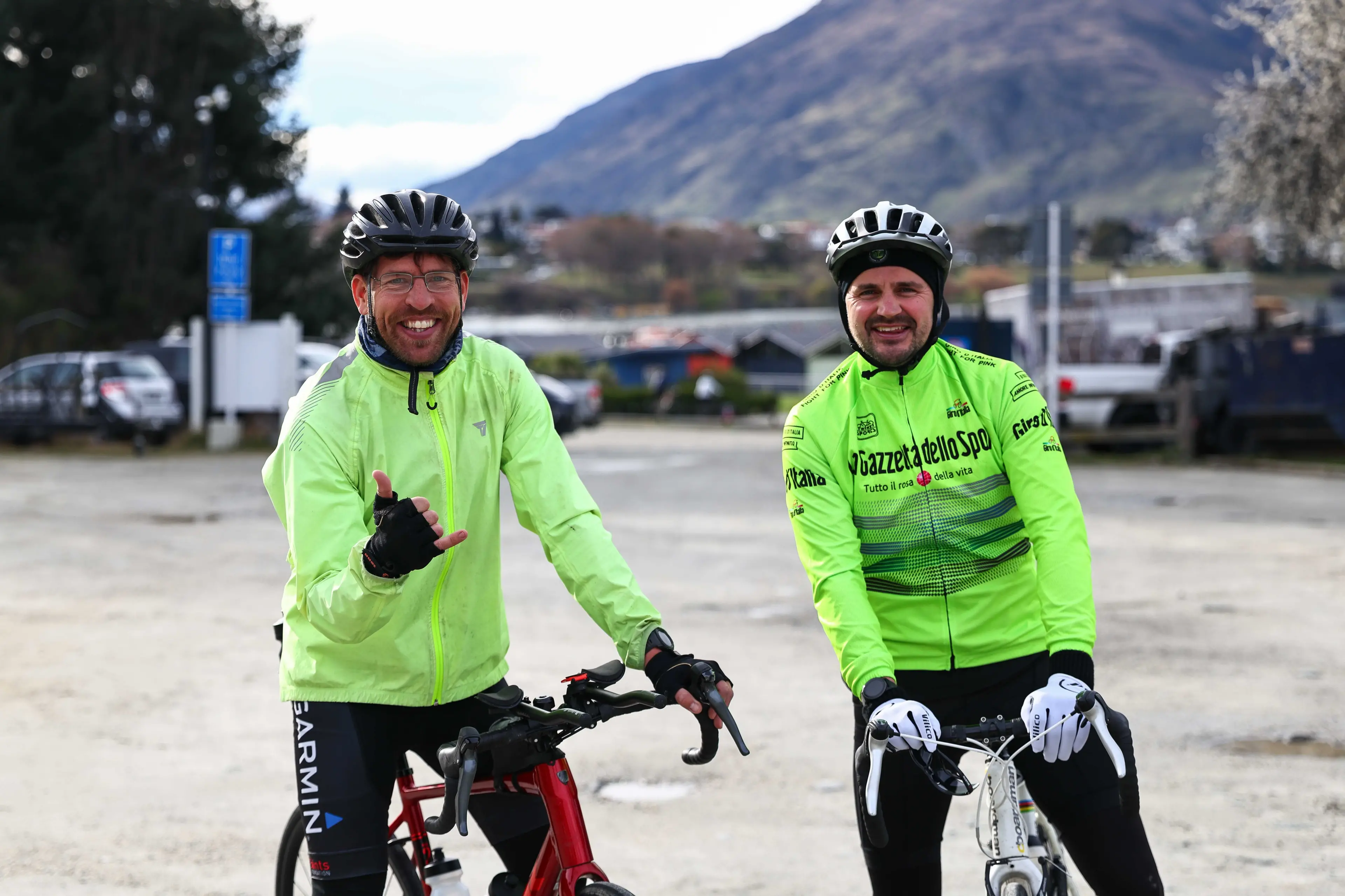 Fresh as daisies: Chris Harding, left, and Alex Charlick prepare to cycle 180km then run 42.2km after their 3.8km swim last Saturday. Photo: James Allan Photography