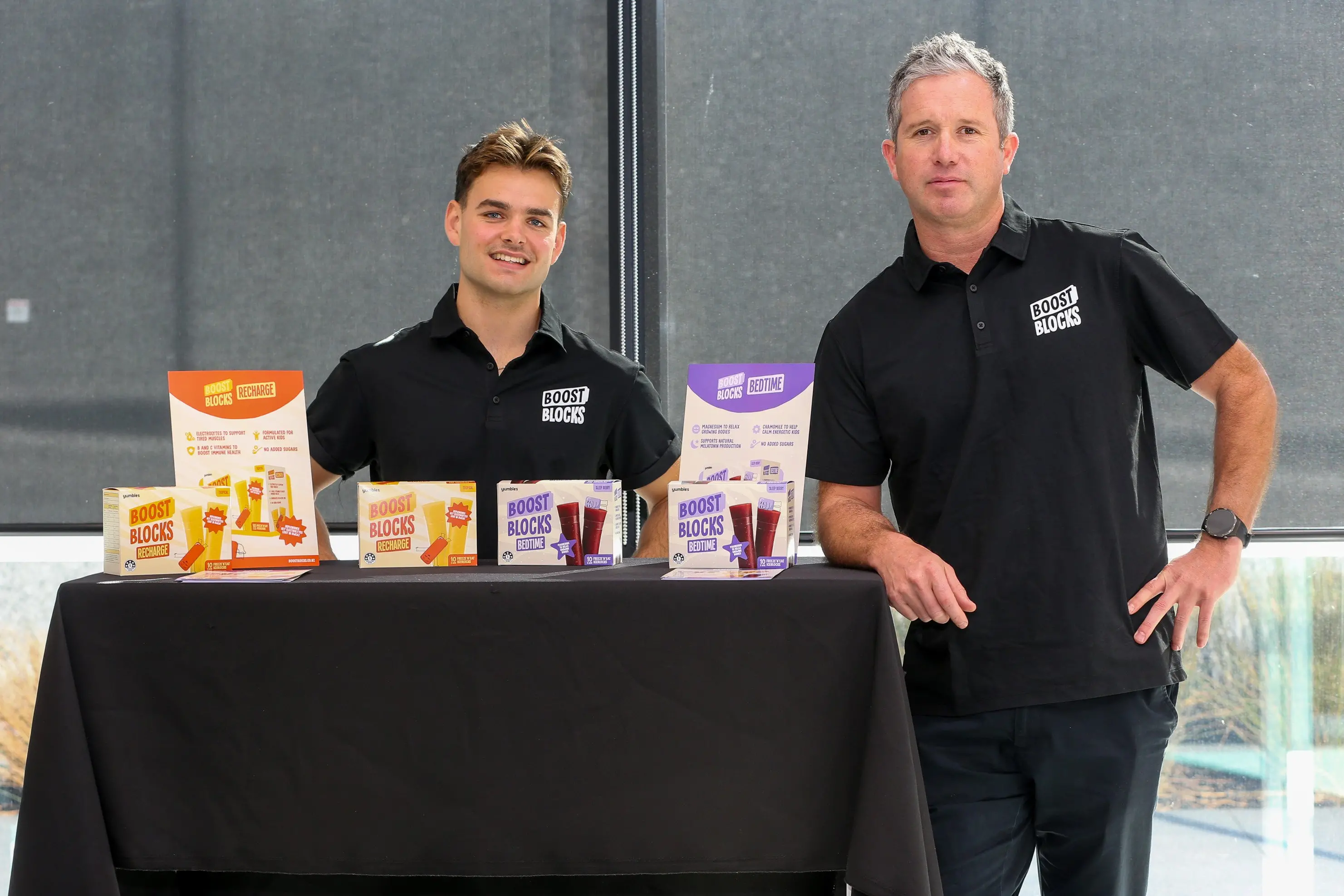 Yumbles co-founders Alex Livingstone (left) and Regan Powell with their BoostBlocks, which they hope will hit supermarket shelves around New Zealand soon. Photo: Supplied