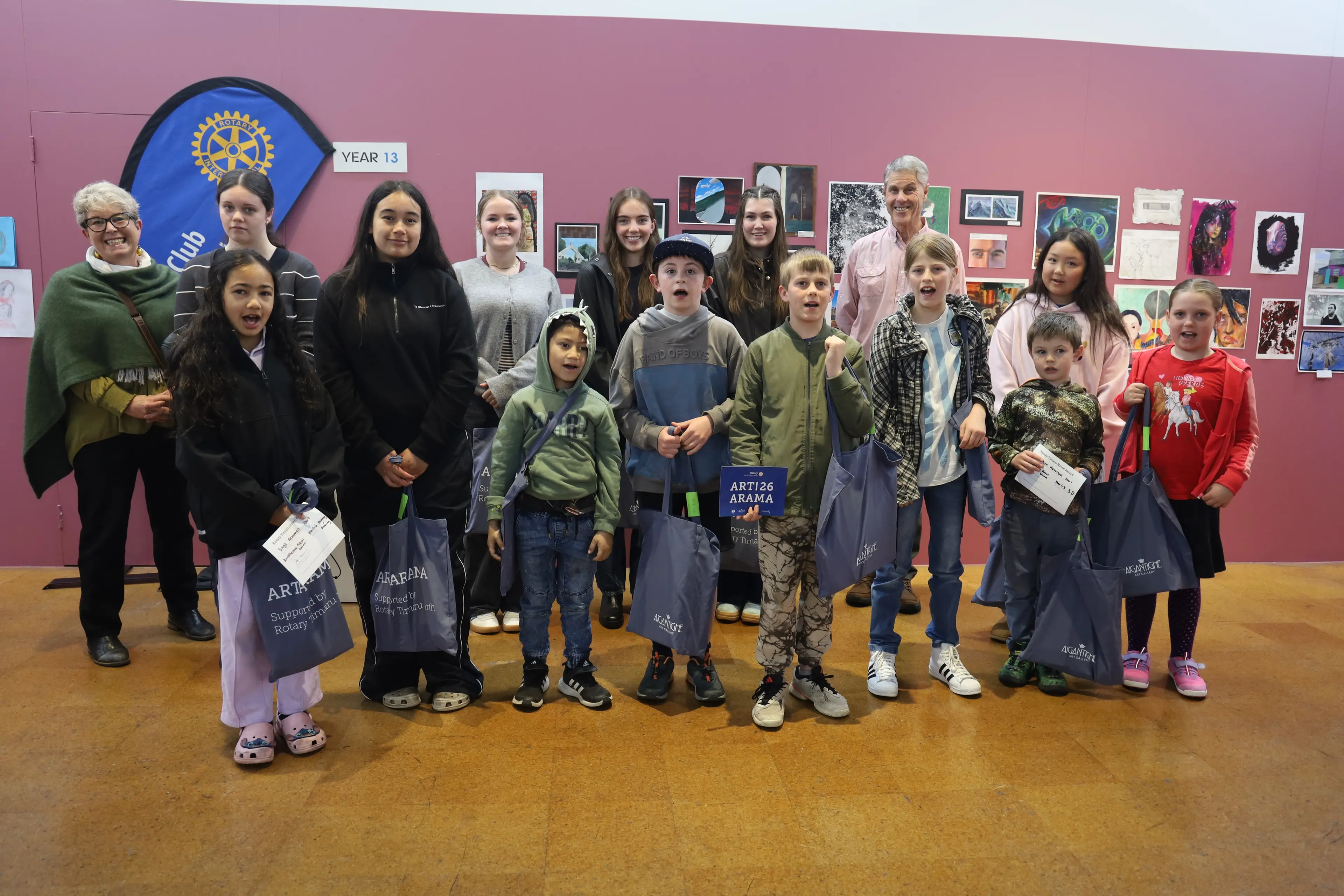 Artarama prize winners with South Canterbury Arts Society president Liz Leroy (back, left) and Rotary Timaru North president John Keenan (back,right). Photo: Supplied