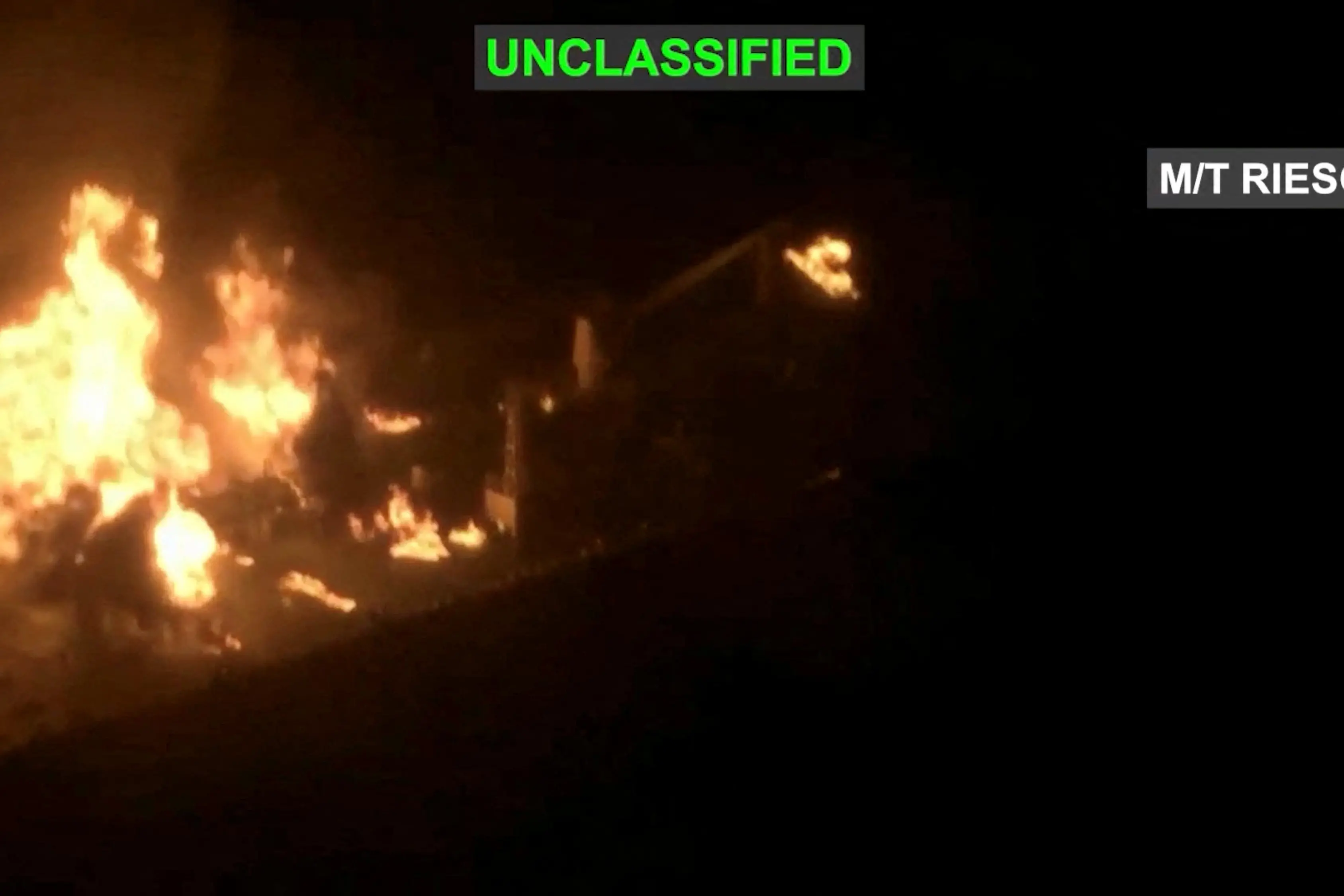 An Iranian crude oil carrier identified as M/T Riesco burns after being targeted by US Central Command strikes. Photo: US Central Command/Handout via REUTERS \\n\\nVERIFICATION: \\n- Location and date could not be verified. \\n- No earlier versions of the video found posted online before September 8.
