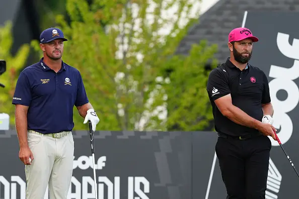 LIV golfers Bryson DeChambeau (left) and Jon Rahm are unsecured creditors, according to the bankruptcy petition. Each is owed more than $US5 million. Photo: Icon Sportswire via Getty Images