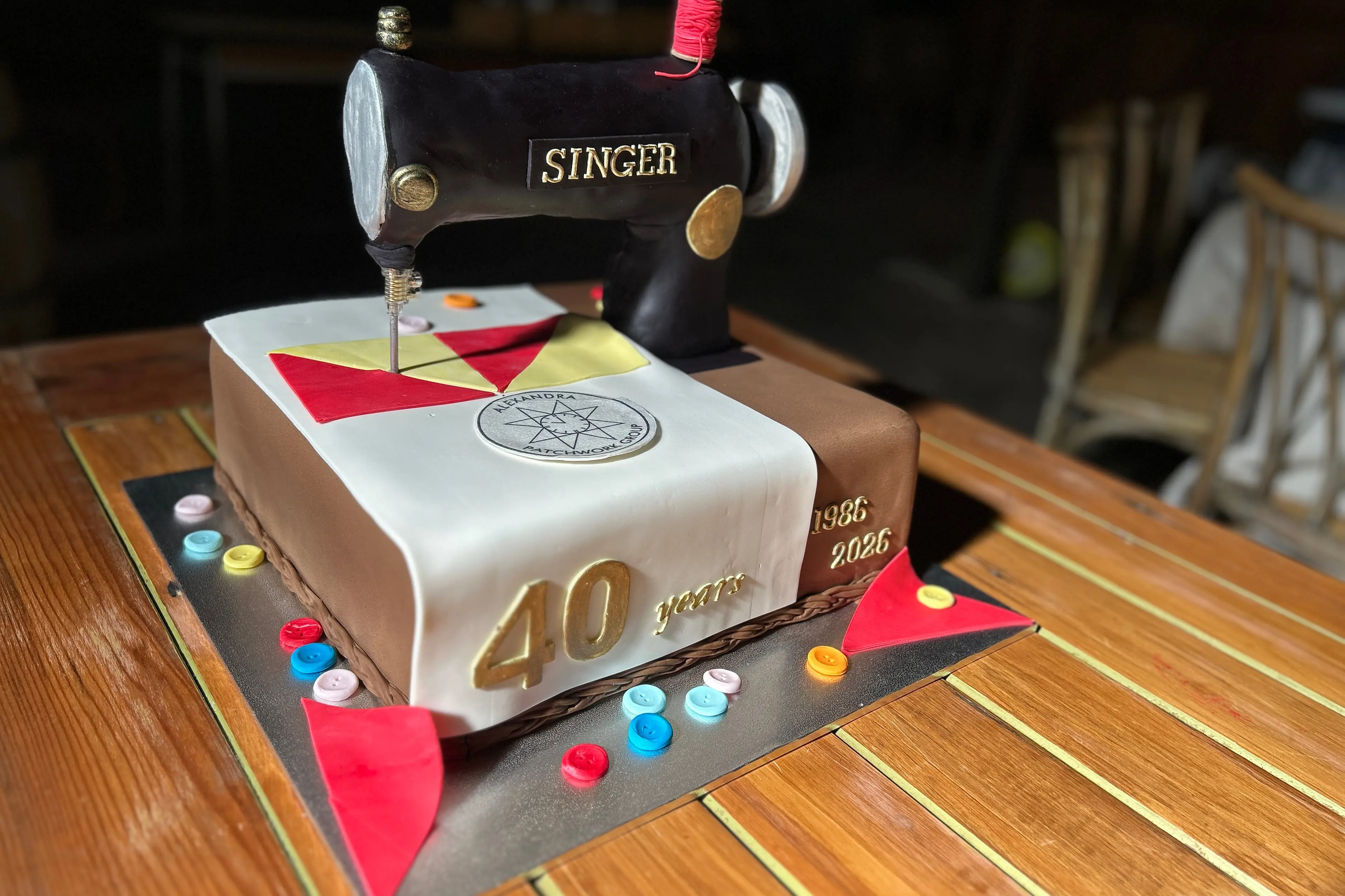 The cake made and decorated for the Alexandra Patchwork Group\\'s 40th anniversary by member Judith Crosland.