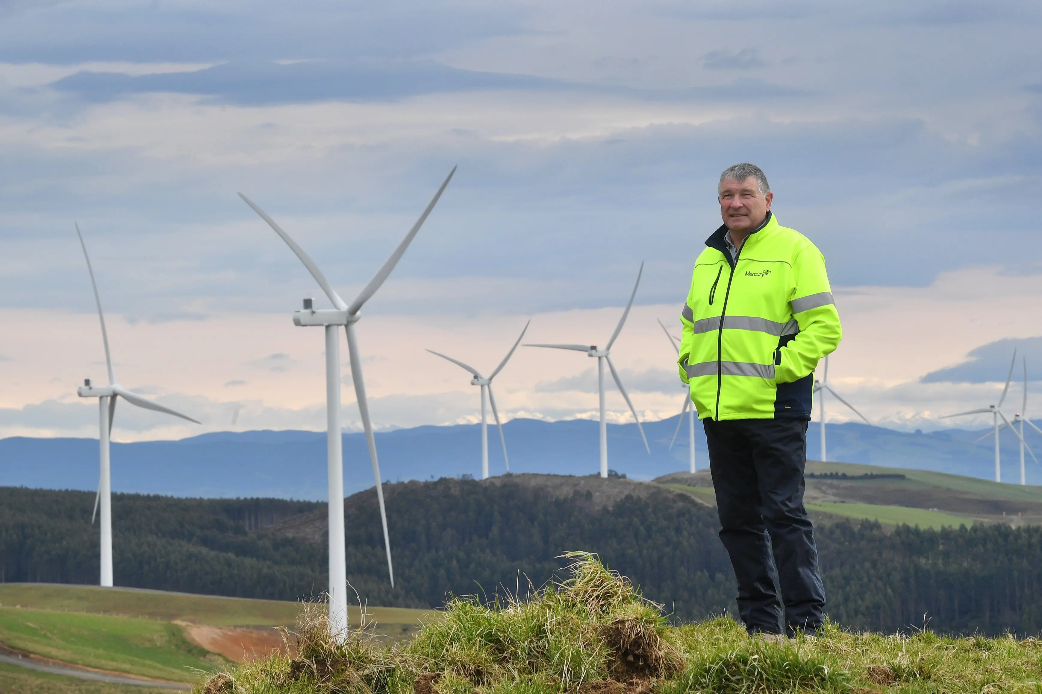 Mercury onsite project manager Stu Davie at the Kaiwera Downs Wind Farm, which is expected to power 96,000 homes.\\nPhoto: Stephen Jaquiery