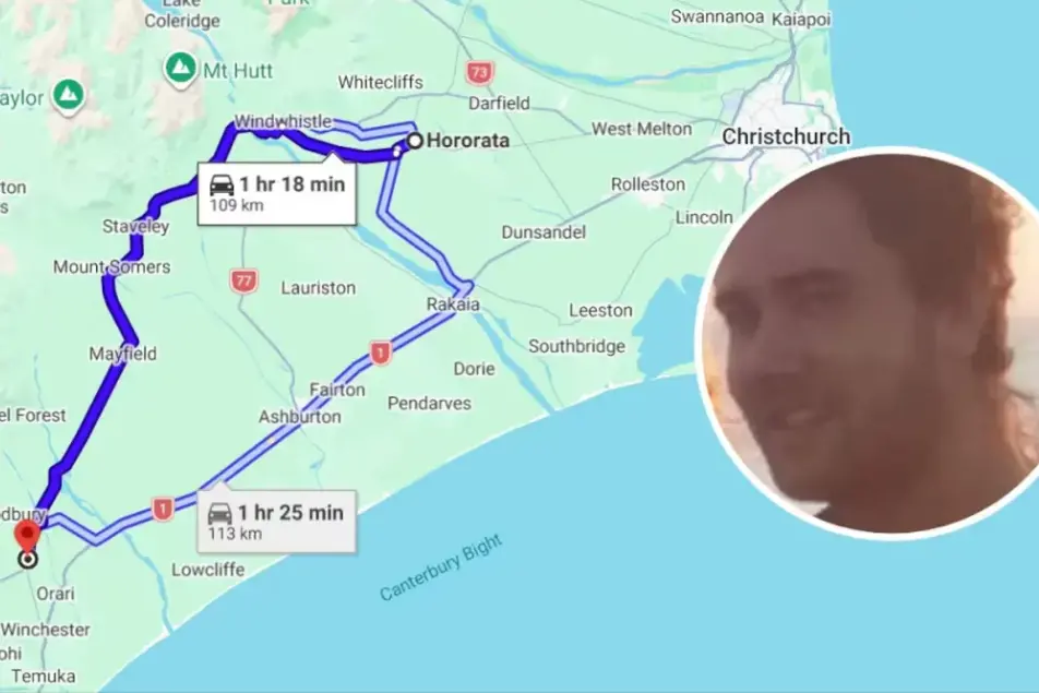 Leonard Hansen rode more than 100km on a stolen quad bike between Hororata and Geraldine. Photo: Google Maps / Open Justice
