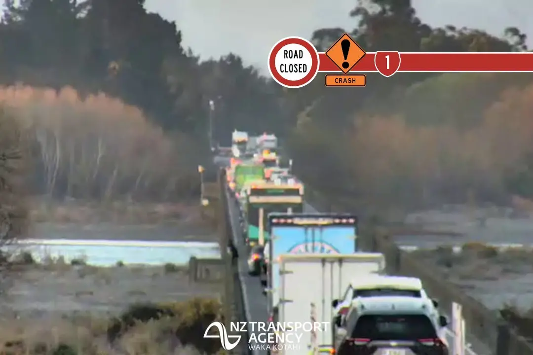 <p>Traffic backed up on the Rakaia River bridge following a crash this morning. Photo: NZTA</p>\\n