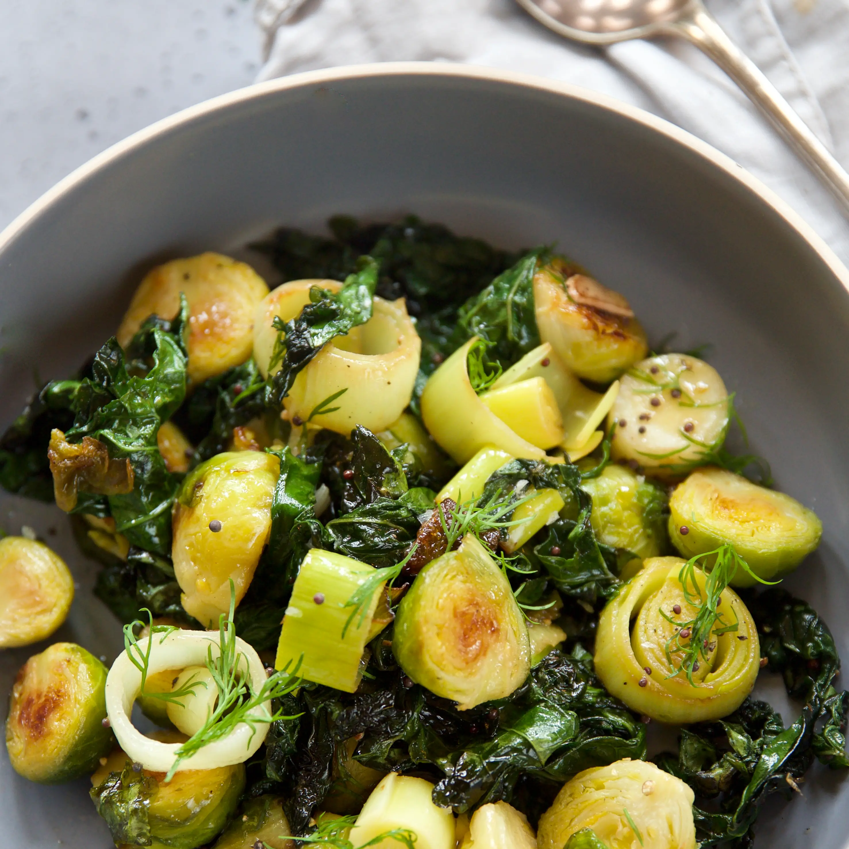 Sauteed Brussels sprouts, leek and crispy kale