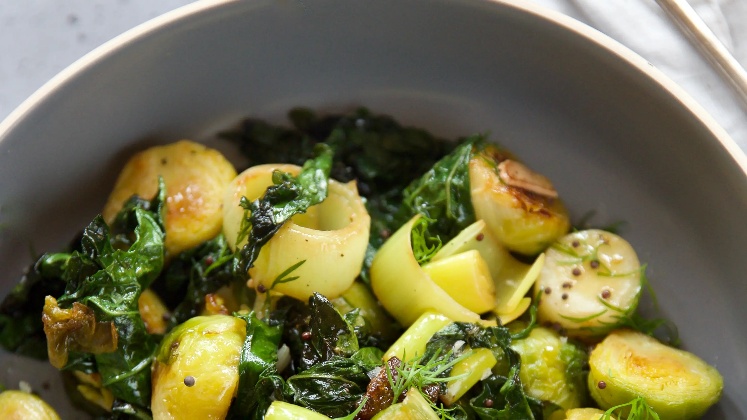 Sauteed Brussels sprouts, leek and crispy kale