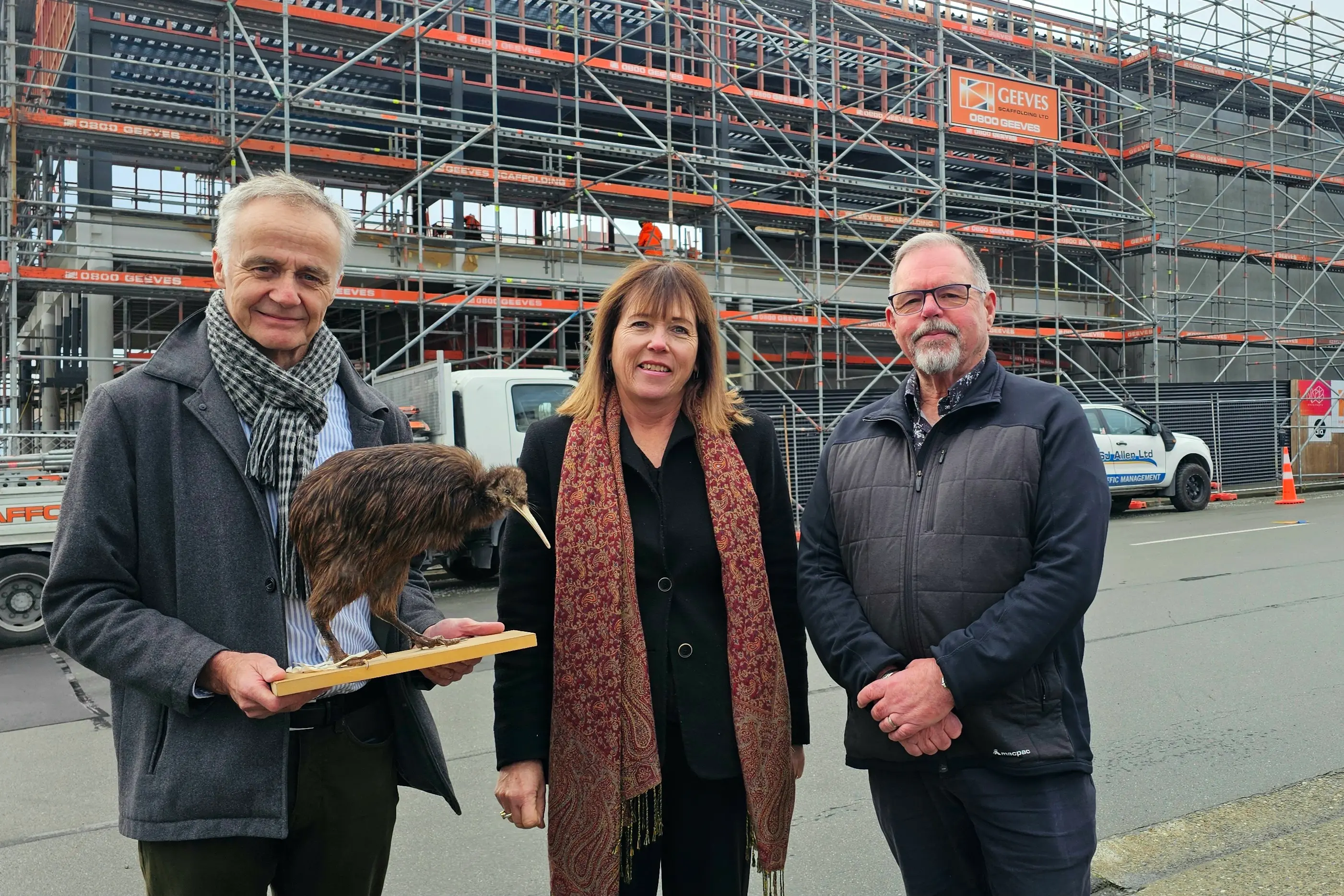 Checking out the progress at the Te Kura Marumaru South Canterbury Museum site are (from left) South Canterbury Museum director Philip Howe, South Canterbury Museum Development Trust chairman John Simpson and Ahu Community Trust chairwoman Di Hay. Photo: Connor Haley