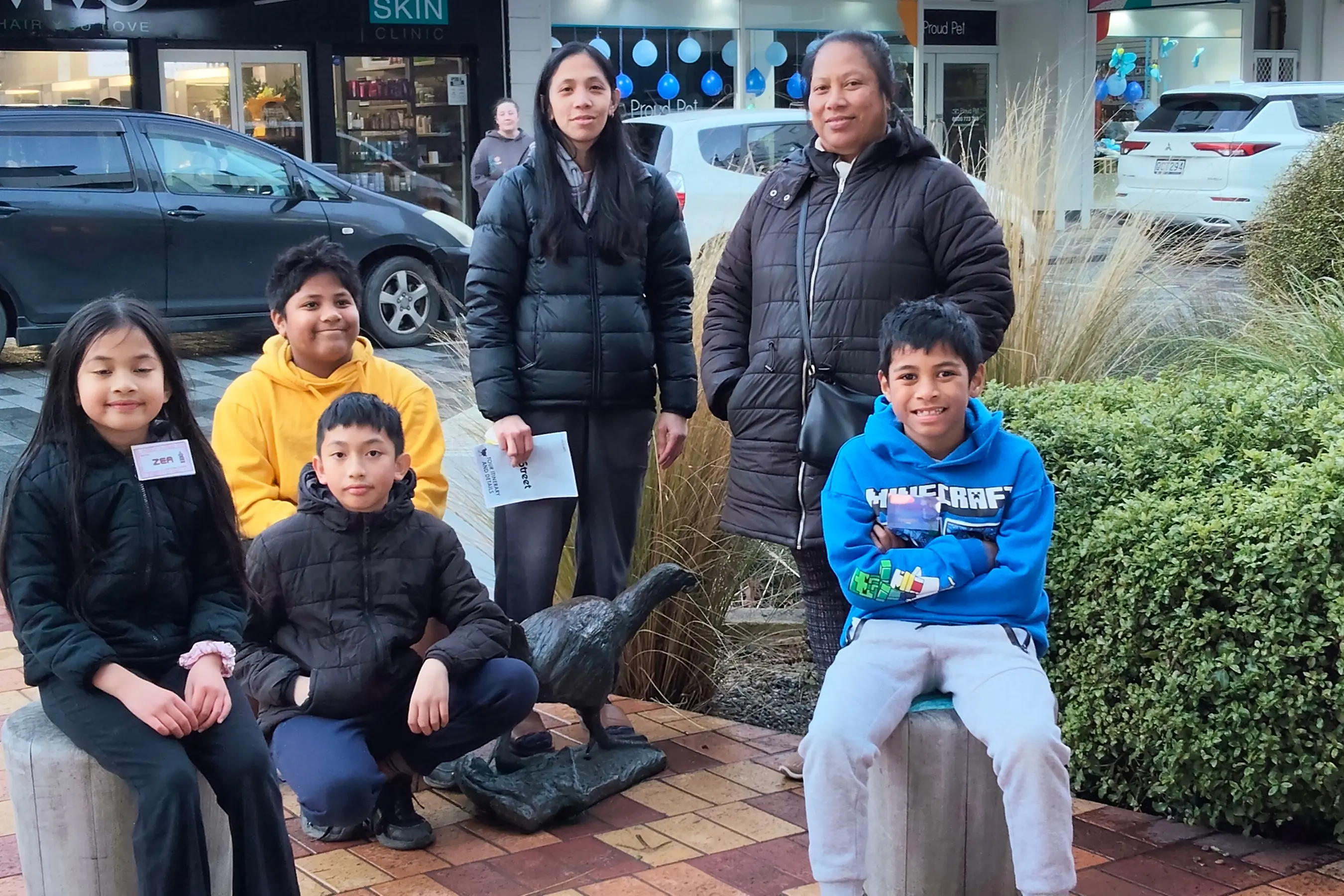 Parents, Desiree Antonio (back, left) and Rosie Taakuukuu learned all about the history of the Esk St Pukeko from their children (from left) Zea Antionio 7, Ratu Taakuukuu 9, Perxian Antonio 11, and Tekaiaki Taakuukuu 7 who attend Fernworth Primary School.  Photo: Toni McDonald