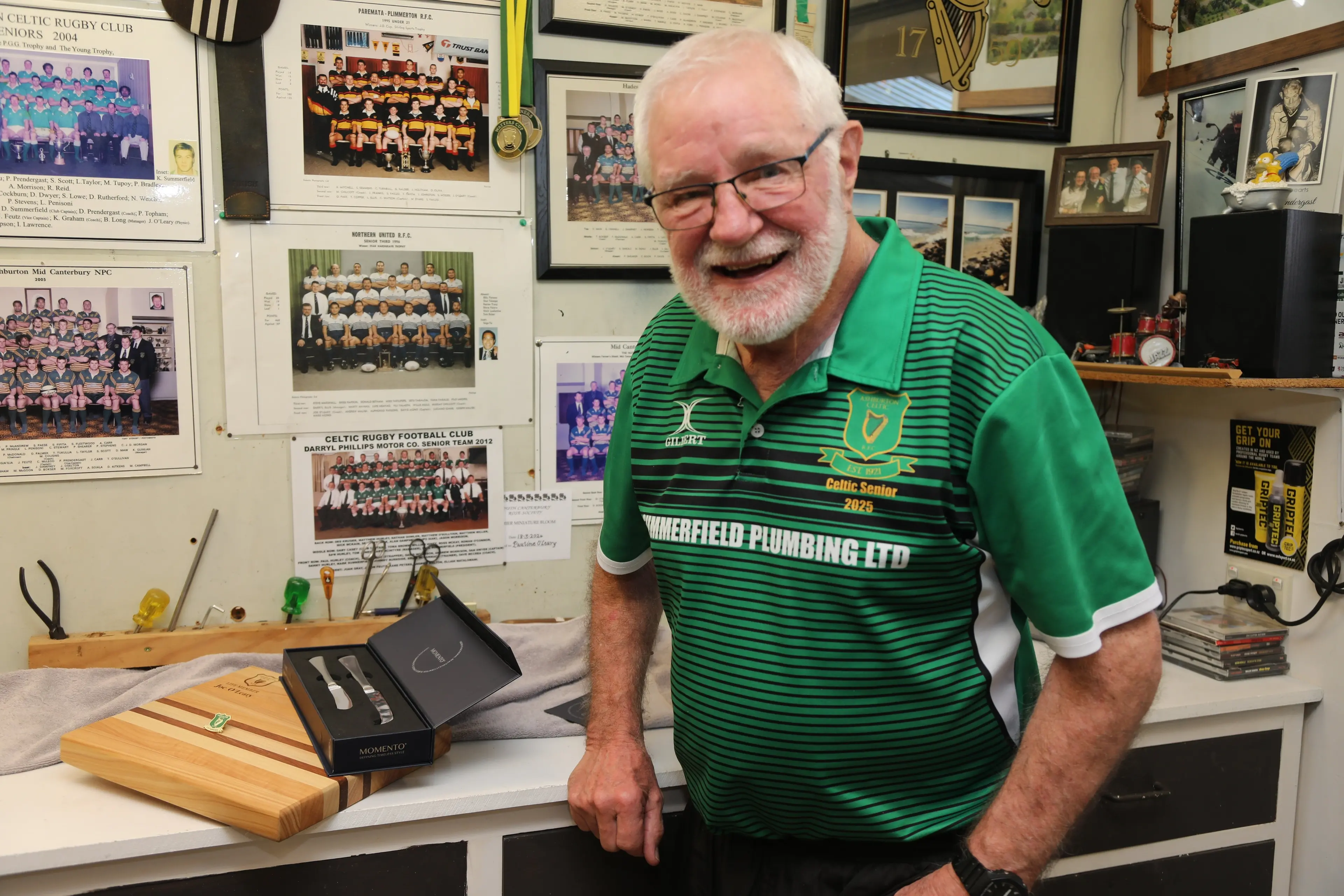 Joe O\\'Leary was humbled to receive a life membership pin at the Celtic Clubs prize giving last month. The club also presented him with an engraved cheeseboard and knife set.  Photo: Heather Mackenzie