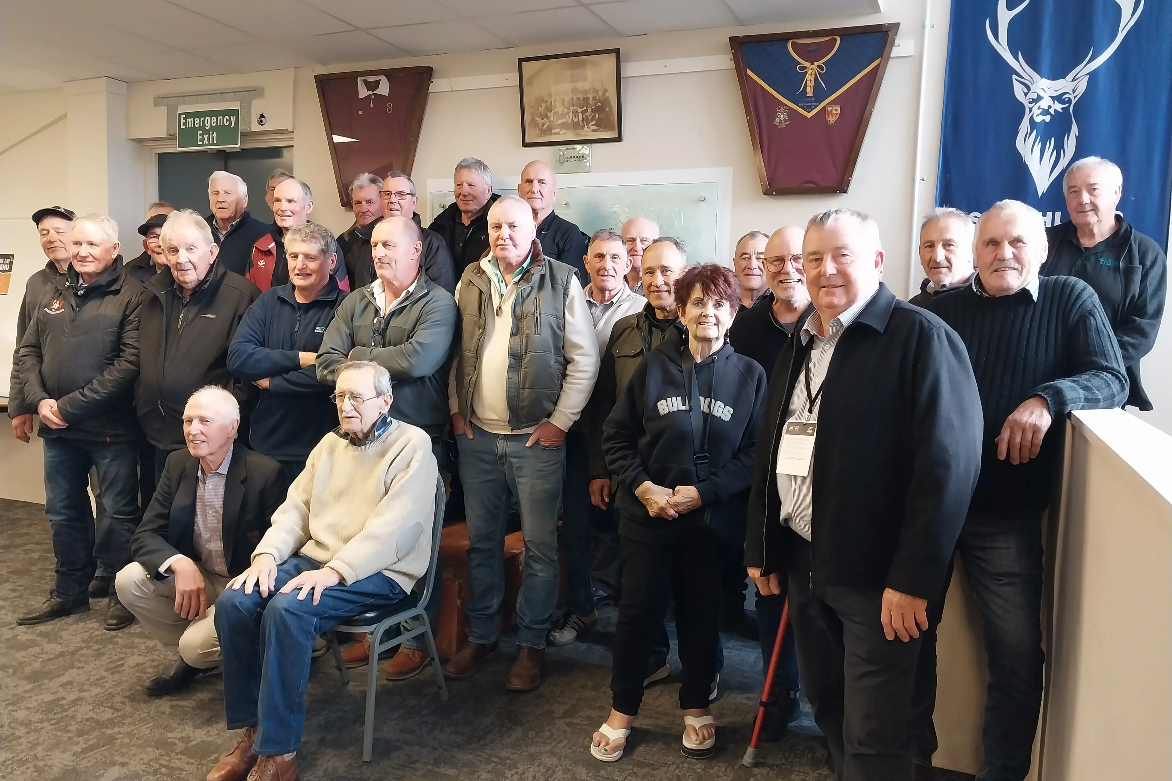Former Southland Rugby team physiotherapist Linda Bennetts gathers with the players of the 1970s and 1980 who attended a reunion in Invercargill at the weekend. Photo: Sandy Eggleston
