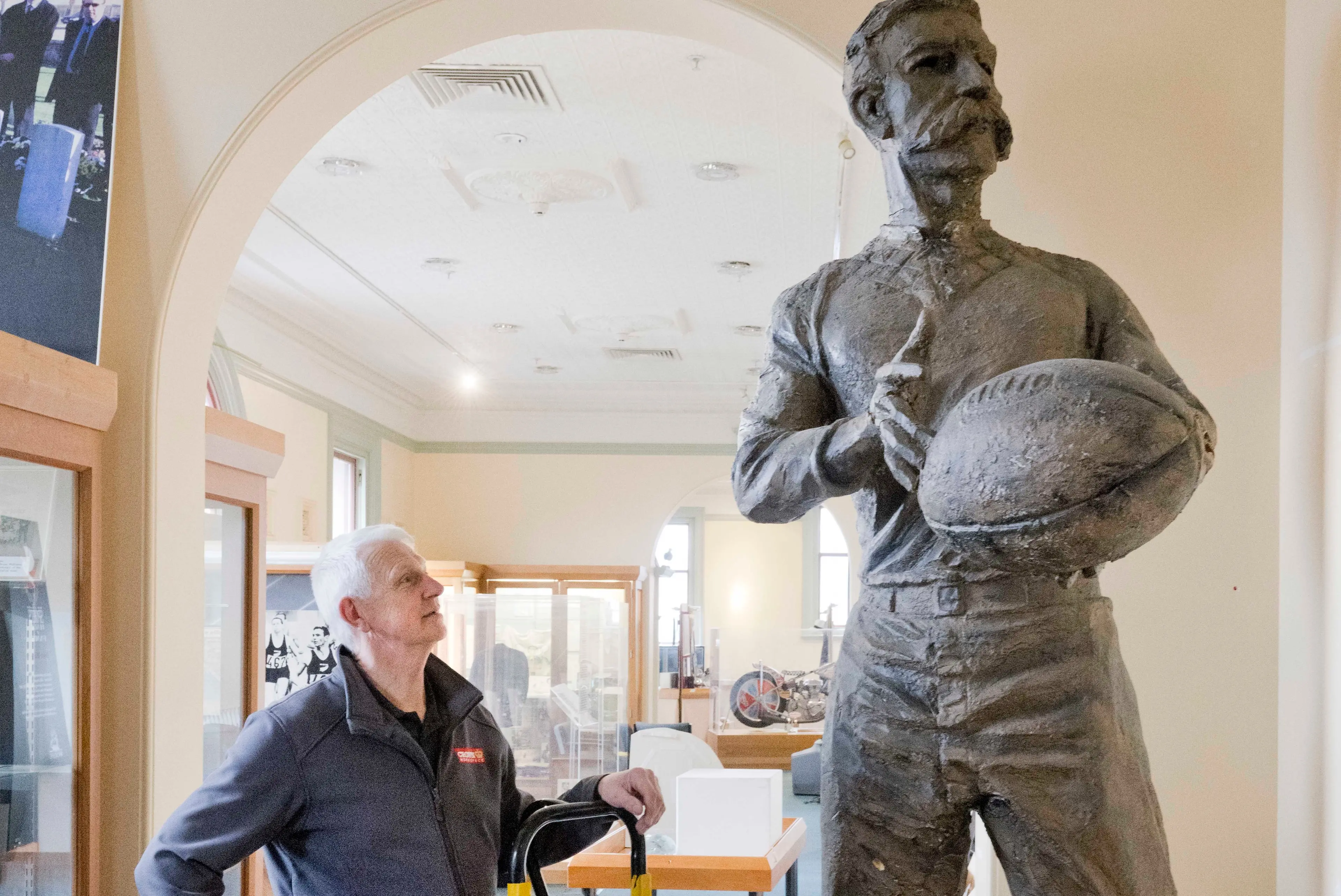 Crown Relocations workplace supervisor Paul Wilding sizes up a statue of All Blacks Originals captain Dave Gallaher during the first day of packing up the New Zealand Sports Hall of Fame at the Dunedin Railway Station. The museum is being relocated to Cambridge. Photo: Gerard O\\'Brien