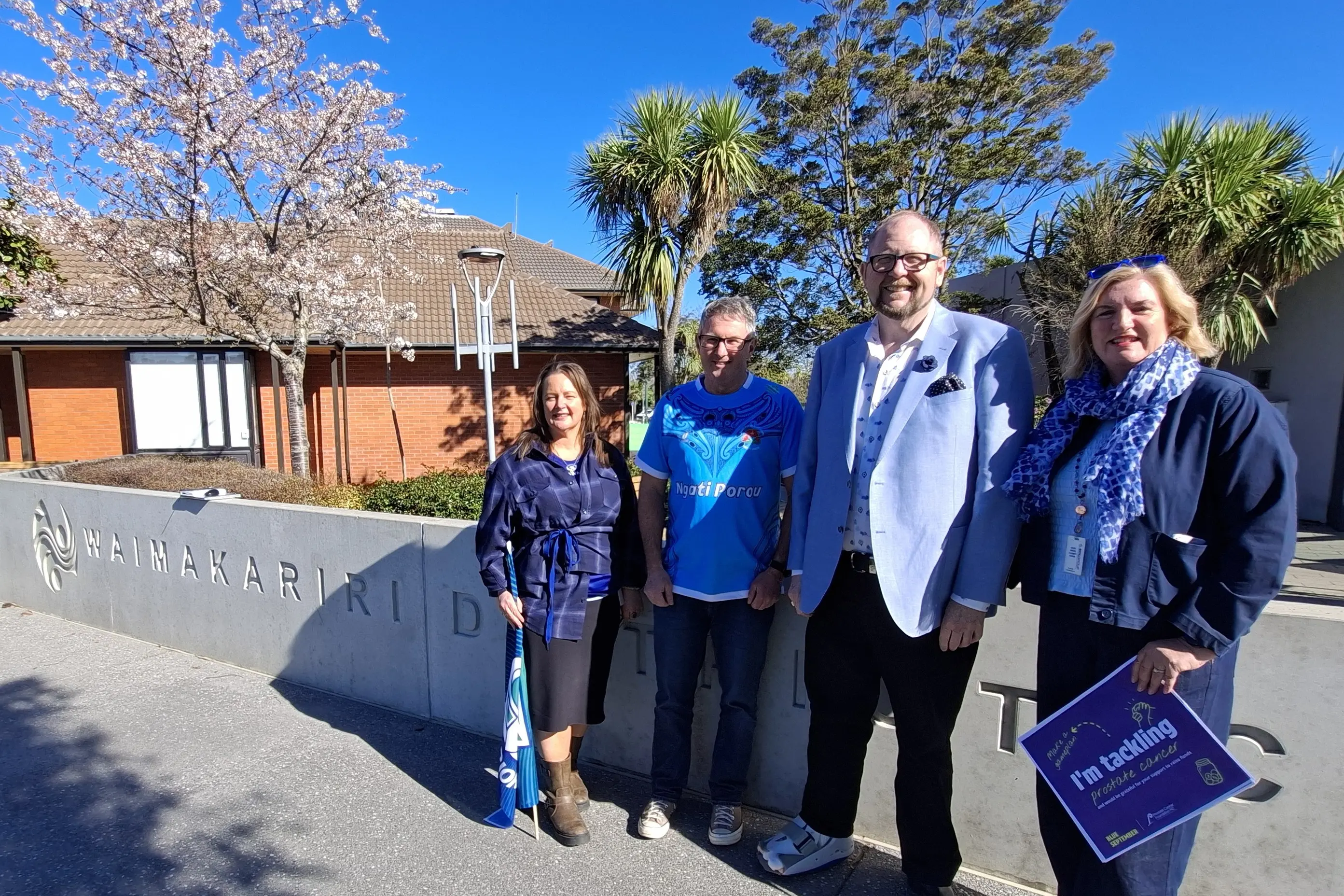 Blue September . . . Waimakariri staff members Clare Piper, Mark Buckley, Mayor Dan Gordon and Health, Safety and Wellbeing coordinator Michaela Nolan, are challenging councils across New Zealand to turn Blue this September to raise awareness of prostate cancer. Photo: Supplied