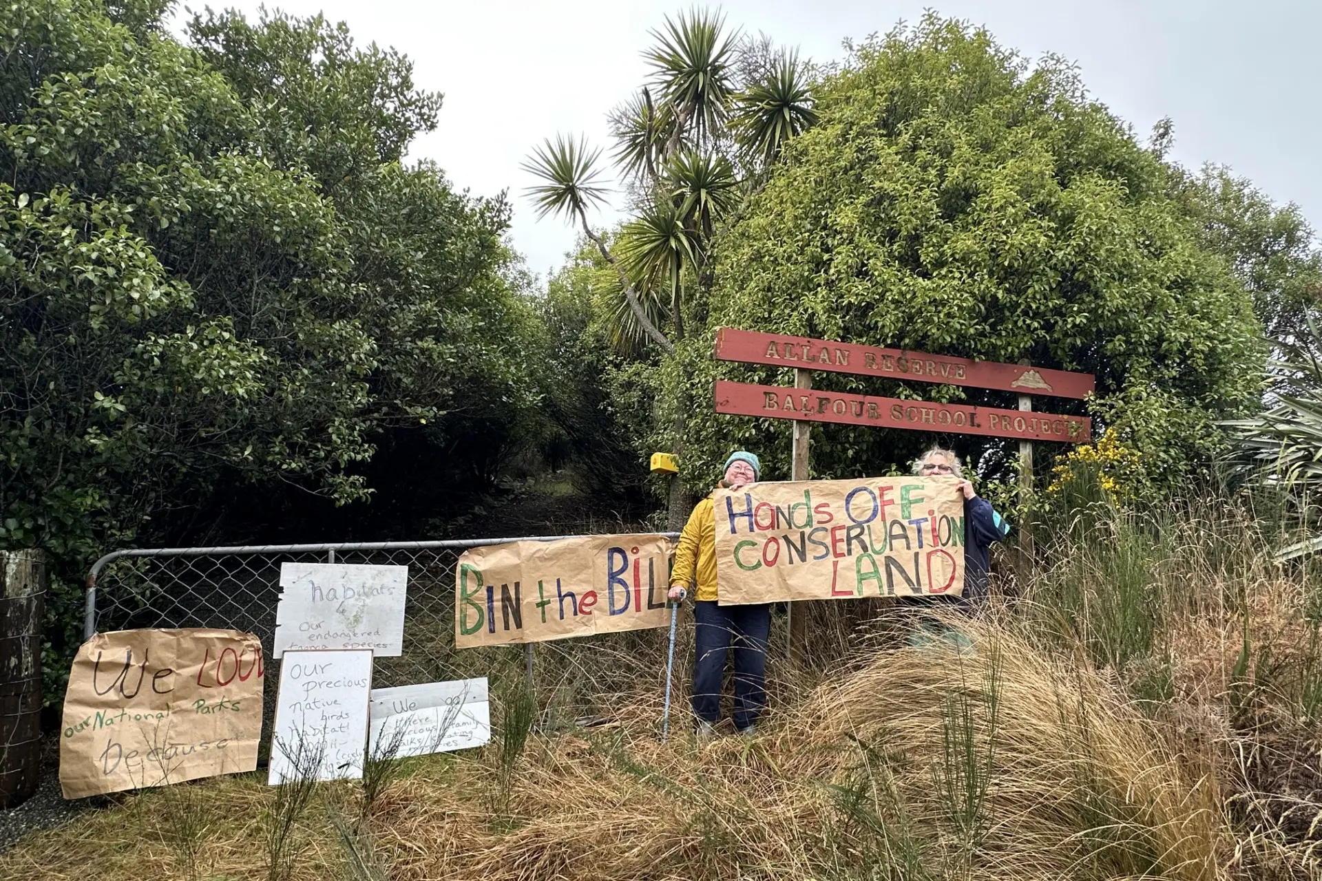Kathryn Cree (left) and Jenny Campbell, at Allan\\'s Scenic Reserve at Glenure near Balfour, protesting the government and their intention to change the Conservation Act. Photo: Supplied