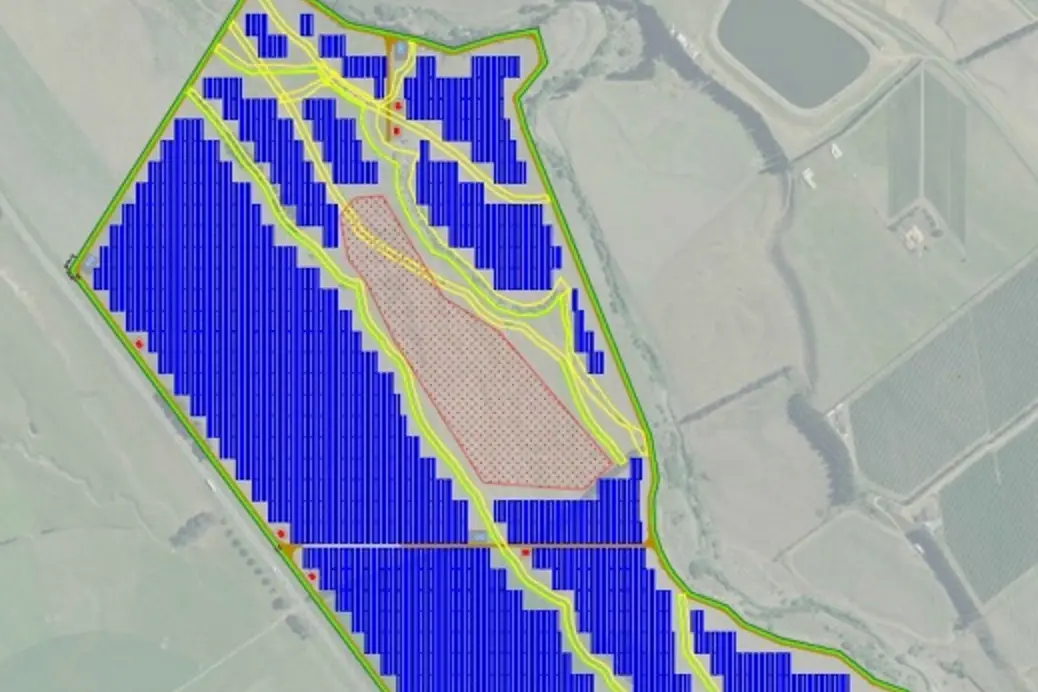 A map showing the size of a proposed solar farm at Waipara, north of Amberley. Far North Solar advised the Hurunui District Council of its intention to removed the section of land in red from the application prior to the hearing, after native vegetation was removed by the landowner. Image: Hurunui District Council