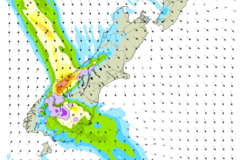 <p>A front is expected to hit the South Island overnight Tuesday into Wednesday. Image: MetService</p>\\n