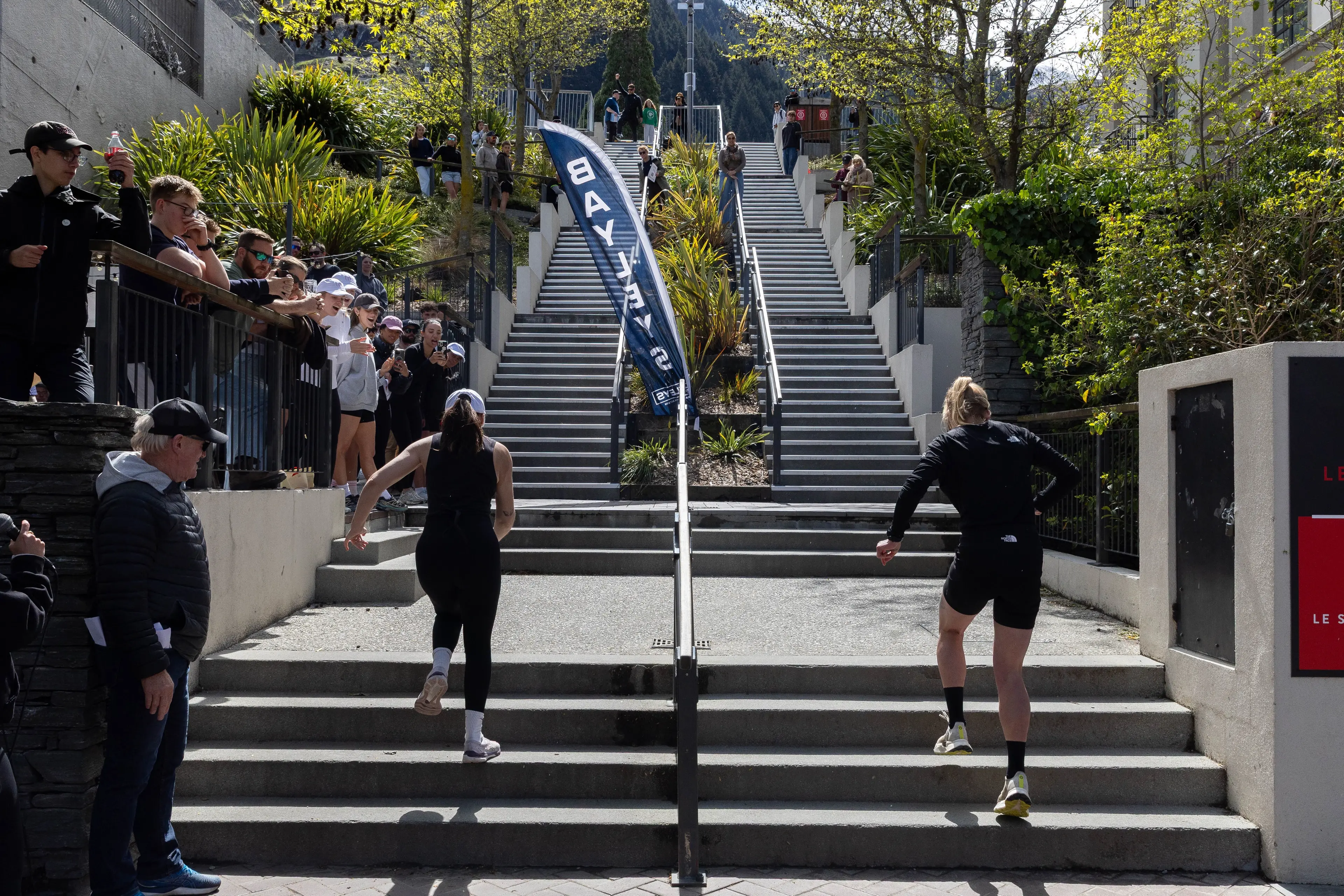 Head-to-head racing: Runners set off to chase each other up\\u00A0and down the Brecon St steps at last year\\u2019s inaugural Bayleys Brecon Street Grunt. Photo: James Allan Photography