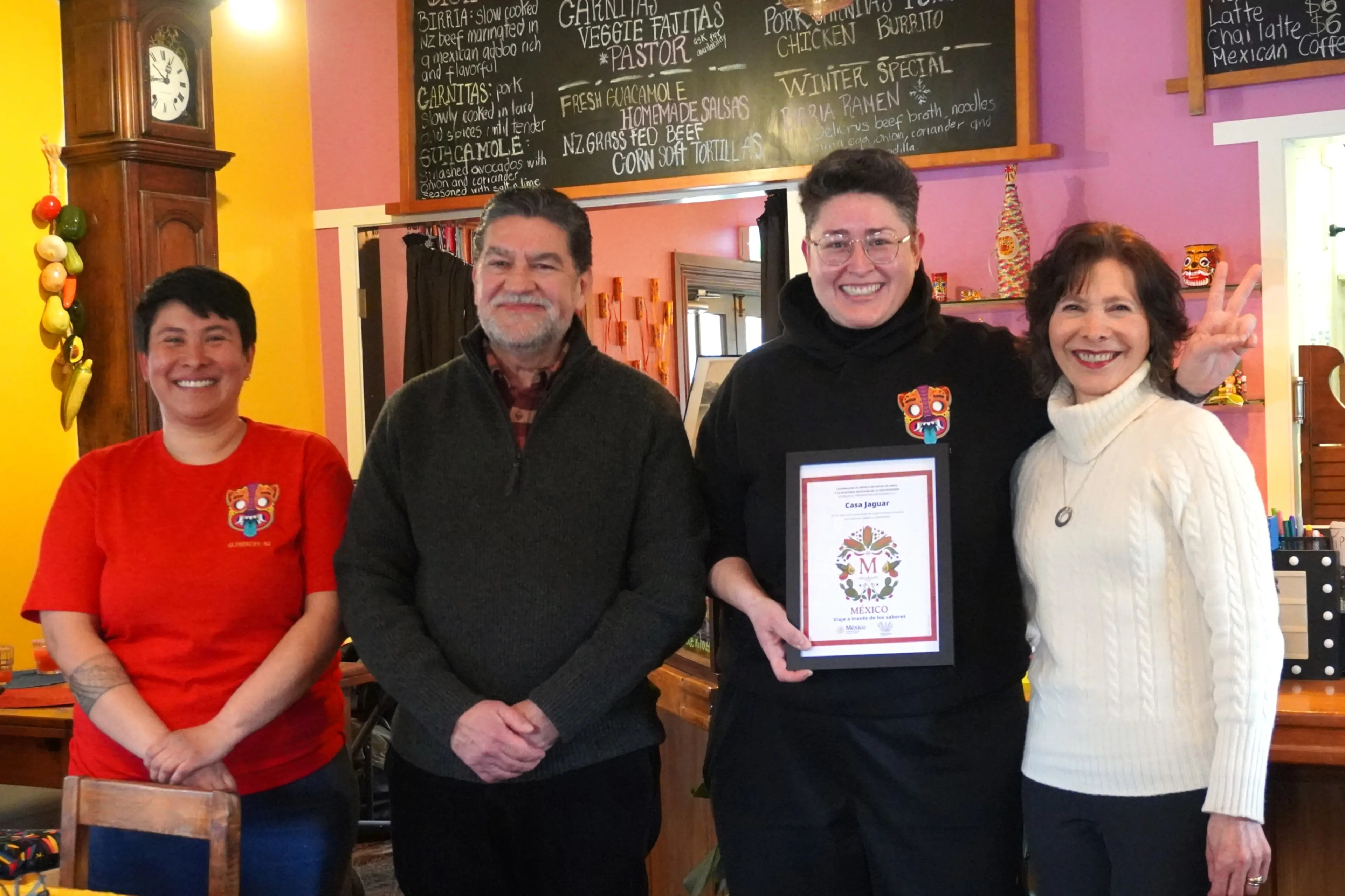 Certified authentic: At the Sello M recognition ceremony\\u00A0at Glenorchy\\u2019s Casa Jaguar restaurant are, from left, co-owner Gaby De la Rosa, Mexican Ambassador to New Zealand Alfredo Perez Bravo, co-owner Gab Ruiz, and the ambassador\\u2019s wife, Julieta Perez.