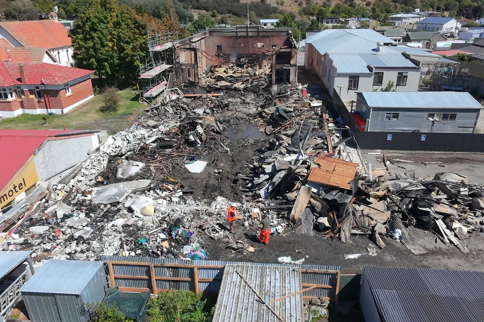 The site where the Roxburgh town hall and cinema was, shortly after the fire that razed the building in February 2025.  First designs for a replacement building will be shown in Roxburgh this week. Photo: Gregor Richardson