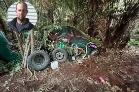 Tom Phillips and one of the campsites in remote bushland he lived in with the children. Photo: RNZ / Supplied / Police