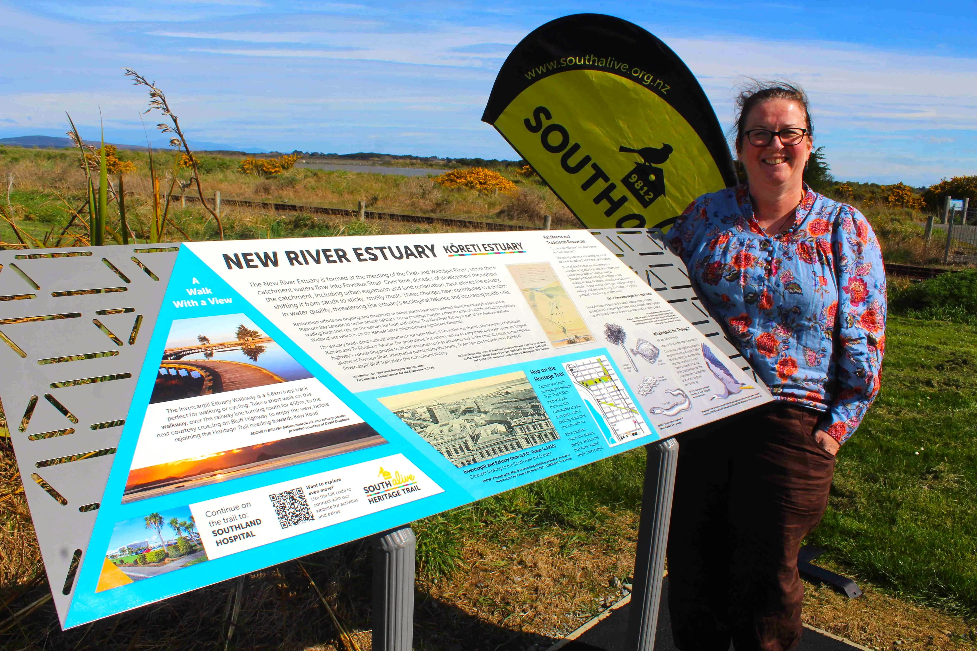 South Alive former project manager Julz Orr was thrilled to unveil panel number eight of nine on South Alive\\'s Heritage Trail. The latest installation stands at the William St entrance to the Pleasure Bay lagoon Walkway.  Photo: Toni McDonald