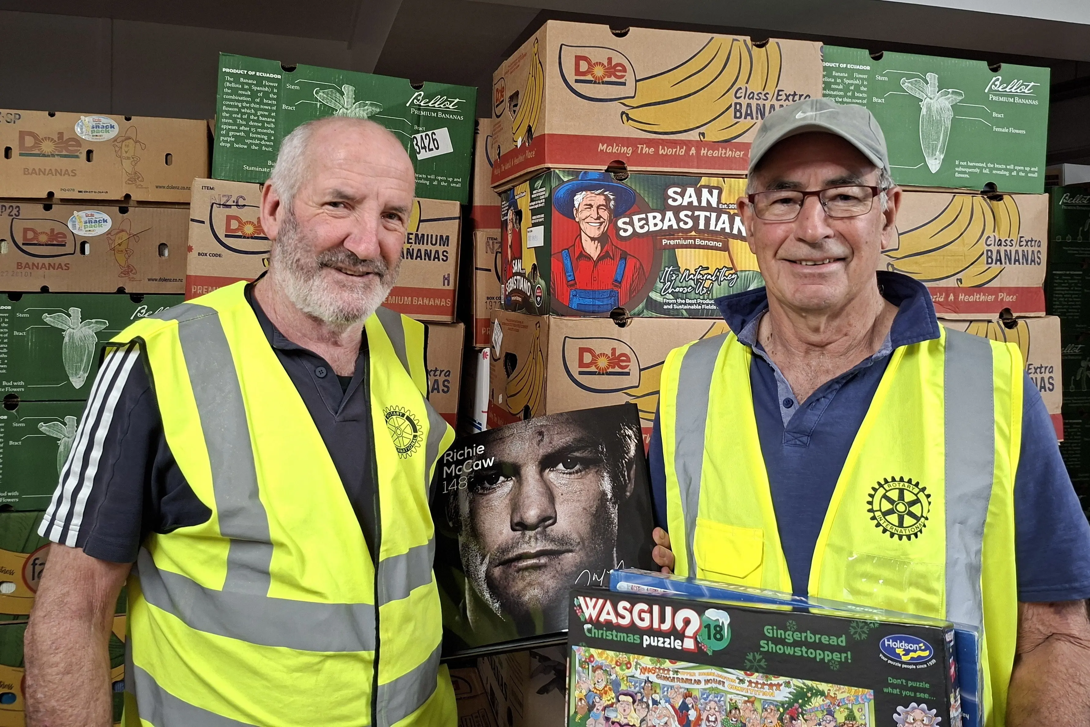 Mosgiel Rotary Club members Merv Clearwater, left, and Wayne Stephenson work on preparations for the club\\'s Mega Book Sale, set to run from September 25-27, at Wingatui Racecourse. Photo: supplied