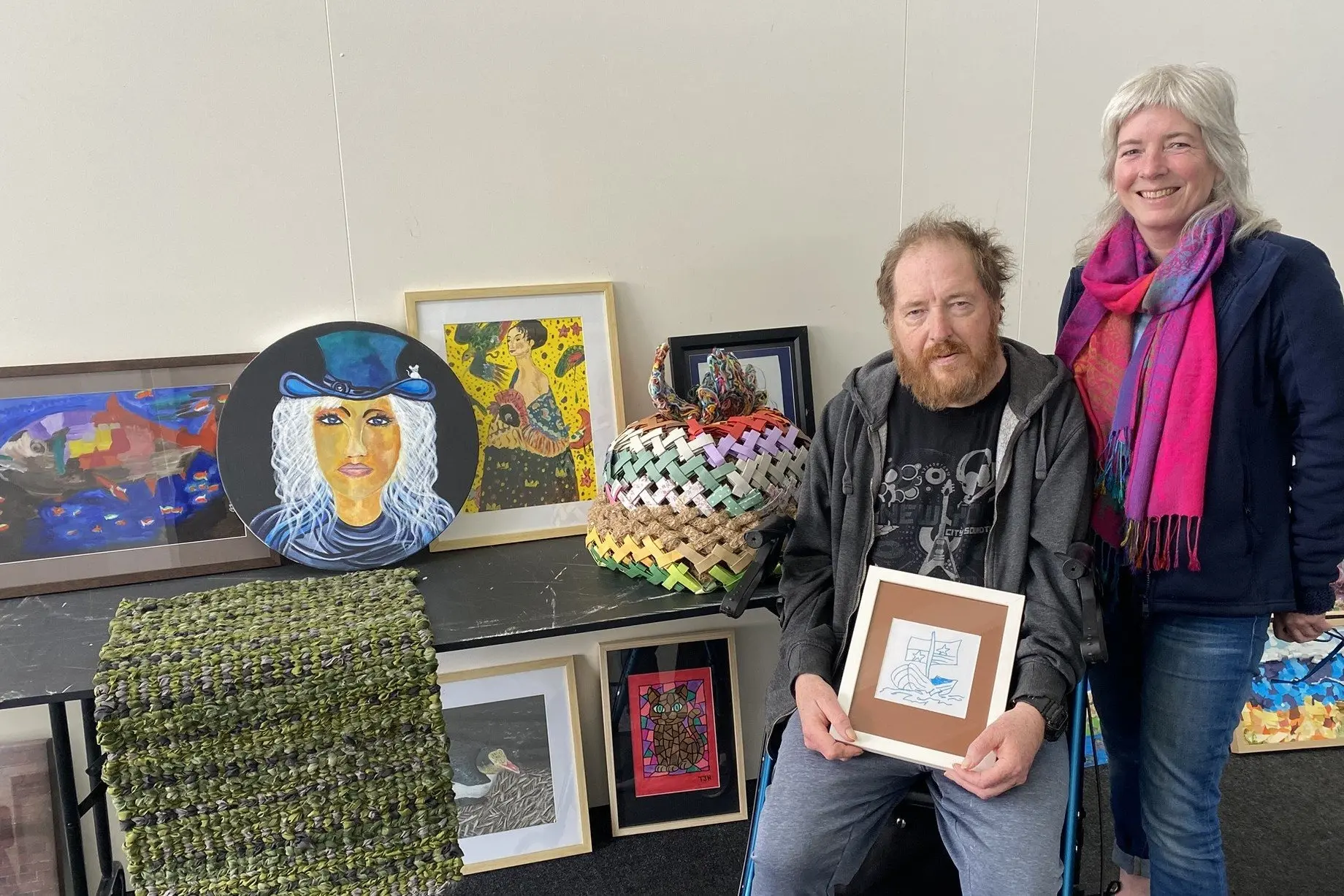 Looking forward to Artsenta\\'s 40th anniversary celebrations, including an exhibition at Tuhura Otago Museum and a Pop-Up Exhibition at the community art space are Arsenta artist Gazza and staff member Deirdre O\\'Malley. Photo: Brenda Harwood