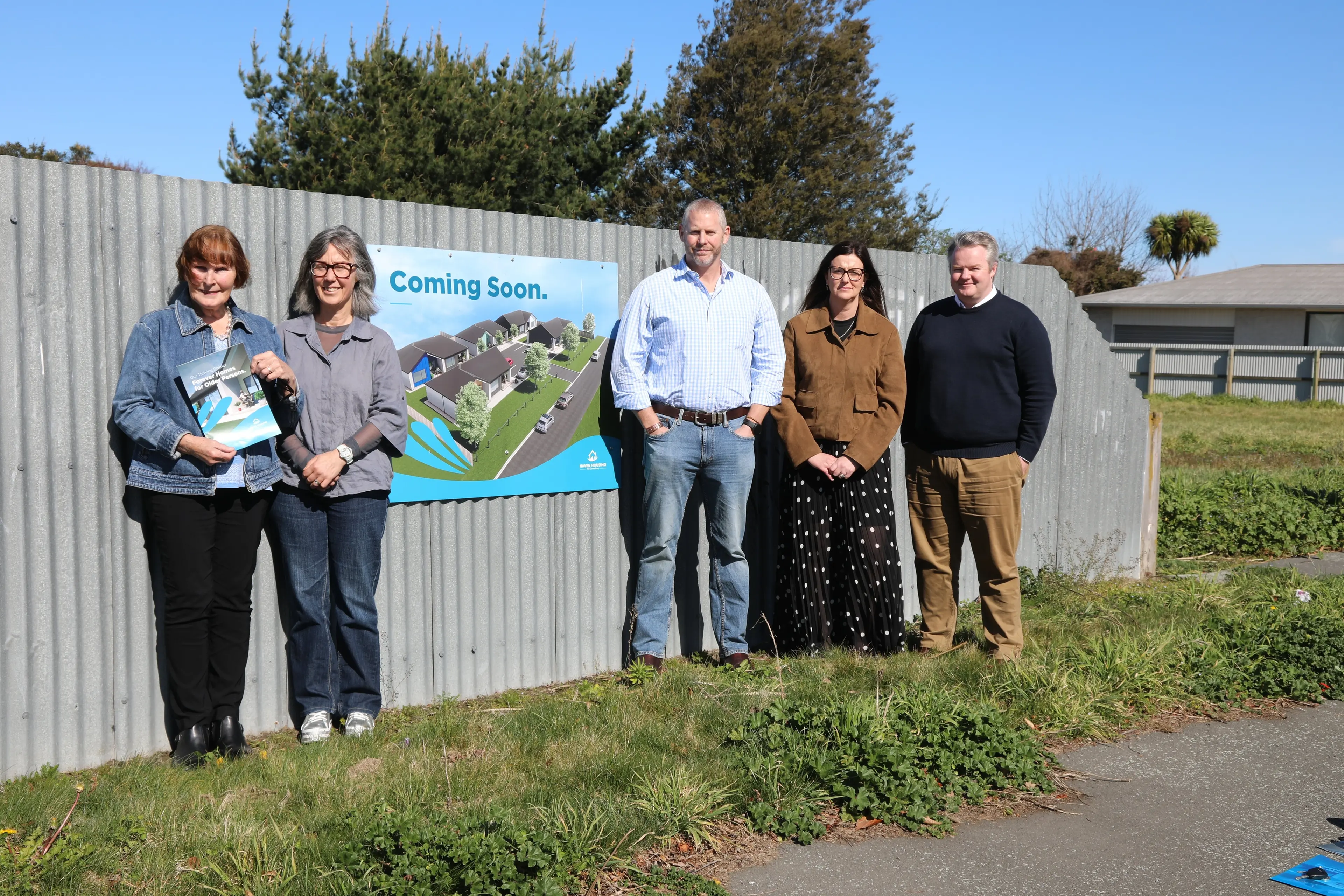 Haven Housing chair Jackie Girvan, left, with Ahu Community Trust vice chair Janine Holland and trustees Andy Grant, Leandra Fitzgibbon and Matt Marshall at the Cambridge St site where Haven\\u2019s next community housing build is due to get under way. Photo: Heather Mackenzie