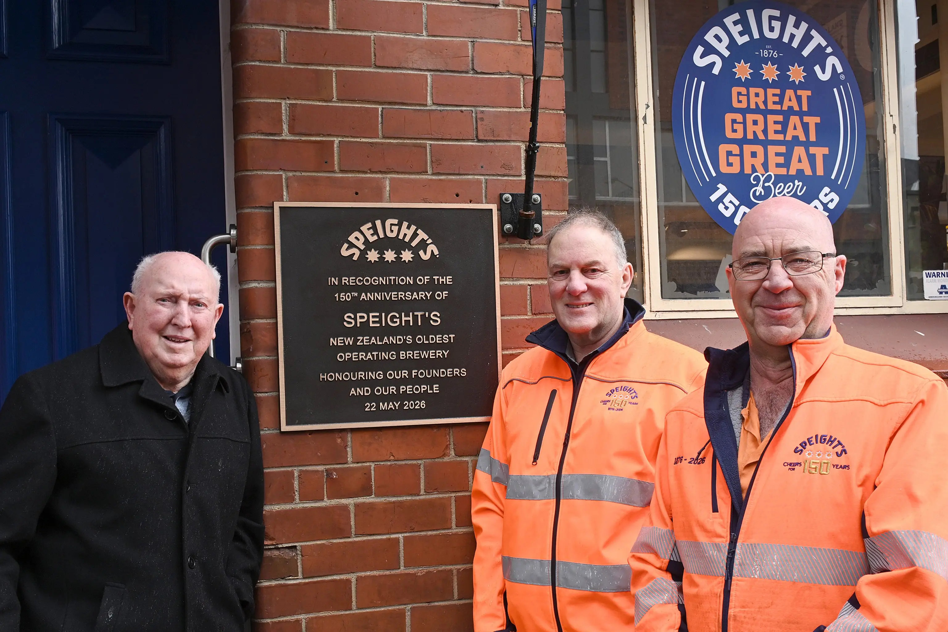Long-serving Speight\\'s Brewery employees (from left) Malcolm Campbell (38 years service), Greg Hamburger (46 years service) and Bill McAdam (44 years service) at a small event on Tuesday to celebrate the installation of a commemorative bronze plaque to mark the brewery\\'s 150th anniversary. Photo: Linda Robertson