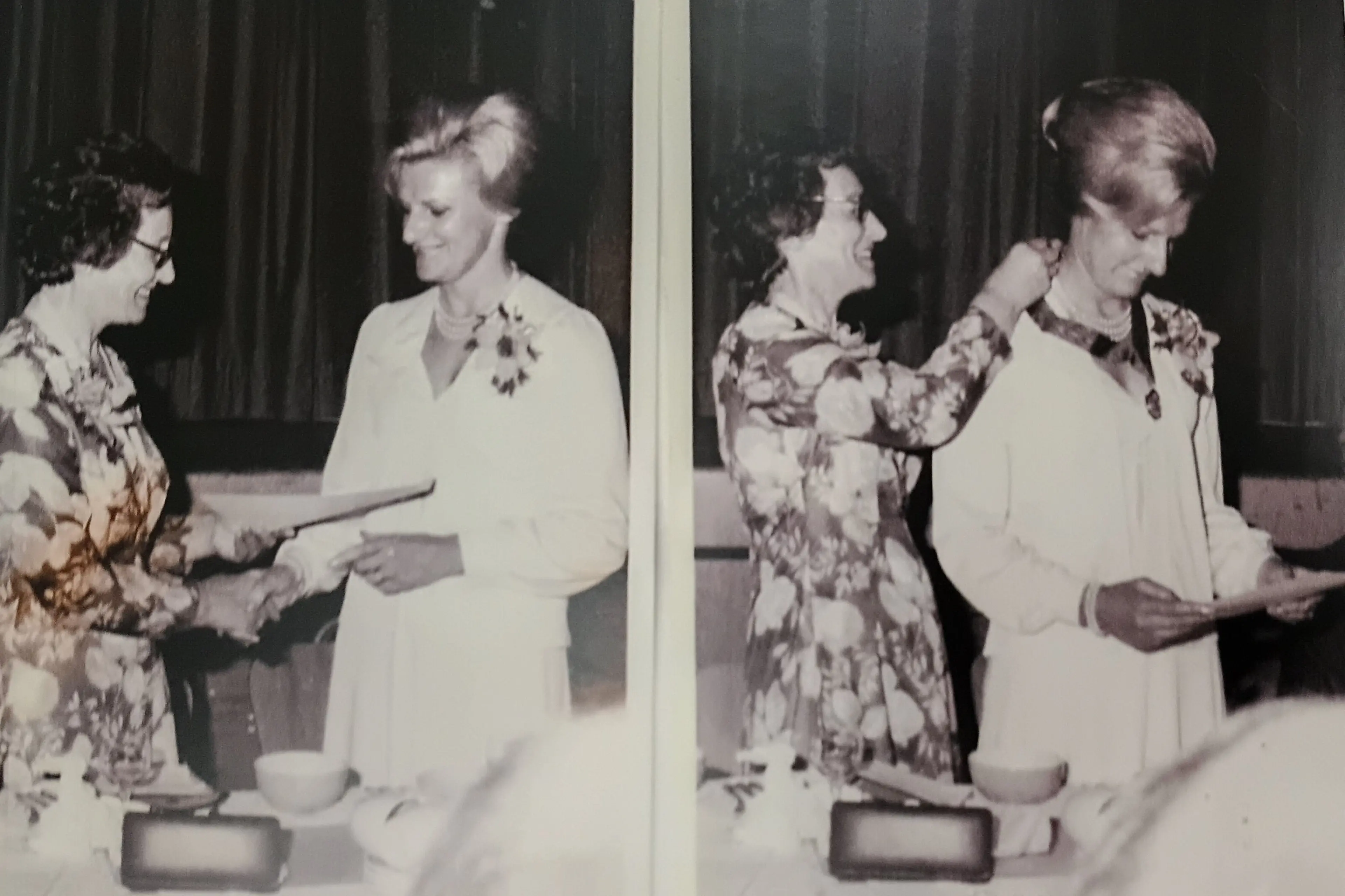 Inner Wheel district chairwoman Gwen McElroy, at left, presenting the Charter and Inner Wheel chain to the first president Jenny Thompson. Photo: Supplied