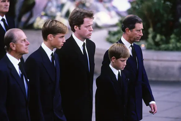 From left: Prince Philip, Prince William, Earl Charles Spencer, Prince Harry and Prince Charles walked behind the cortege at Diana\\'s funeral in September 1997. Photo: Getty Images