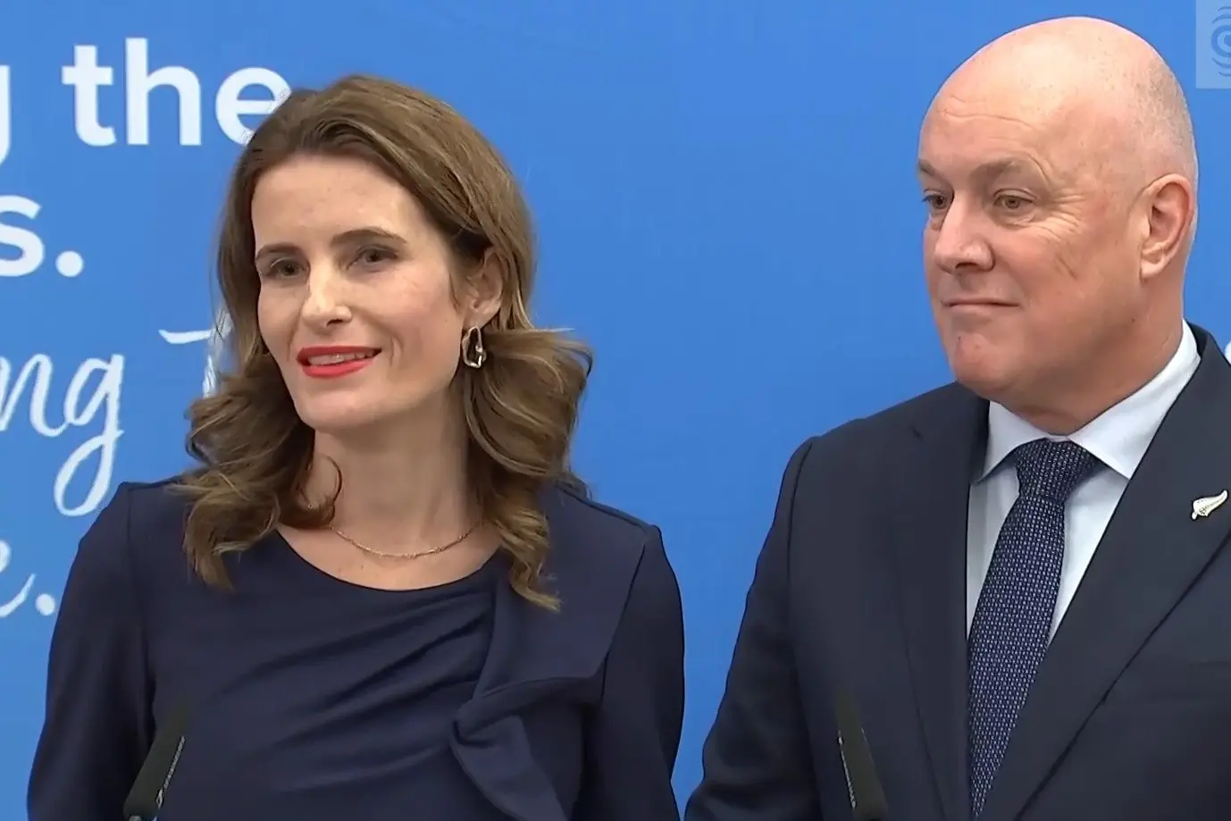 Finance Minister Nicola Willis and Prime Minister Christopher Luxon announce National\\'s supermarket competition policy.